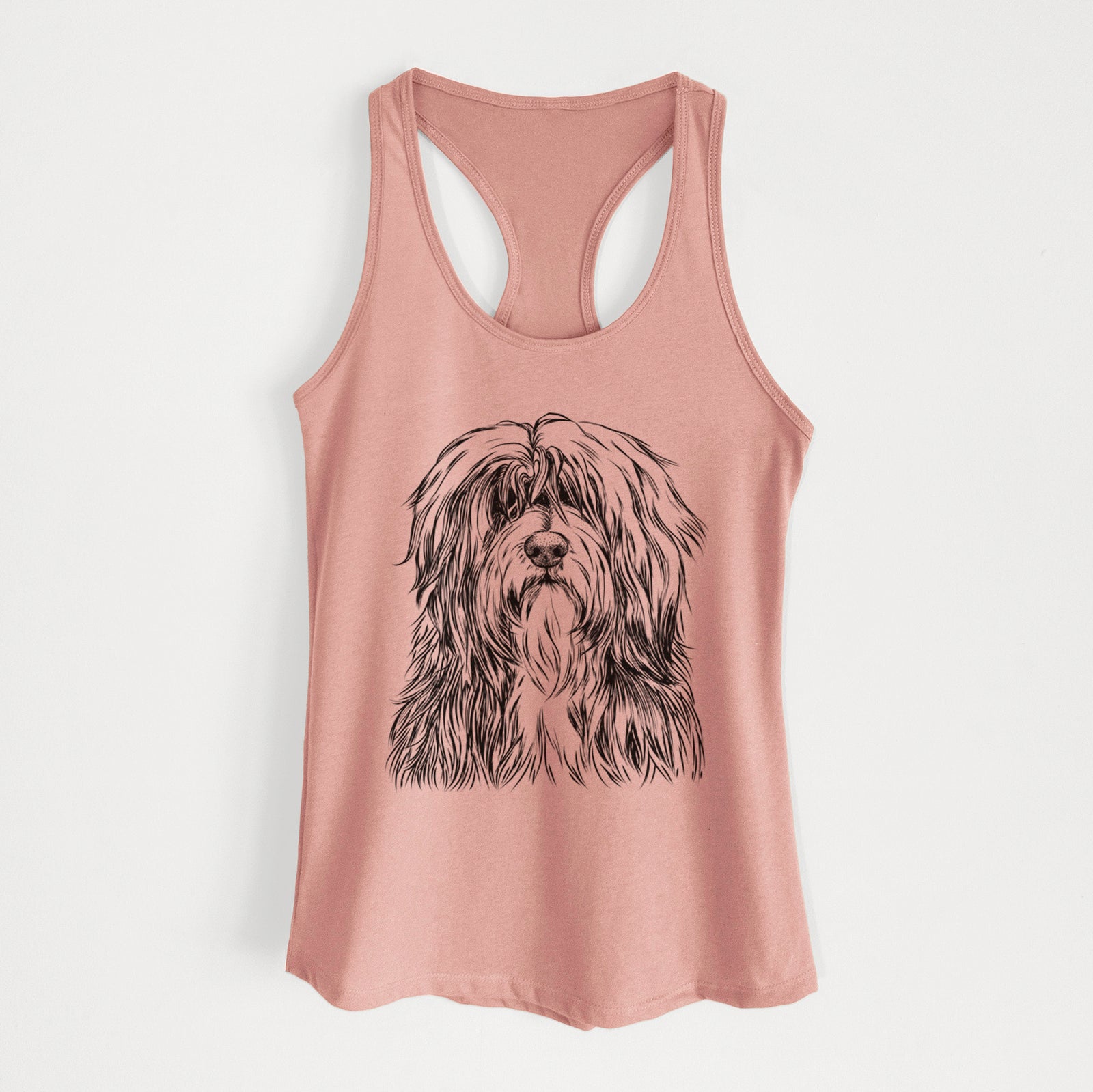 Hand-drawn sketch of Otto the Polish Lowland Sheepdog on a Desert Pink Women's racerback tanktop