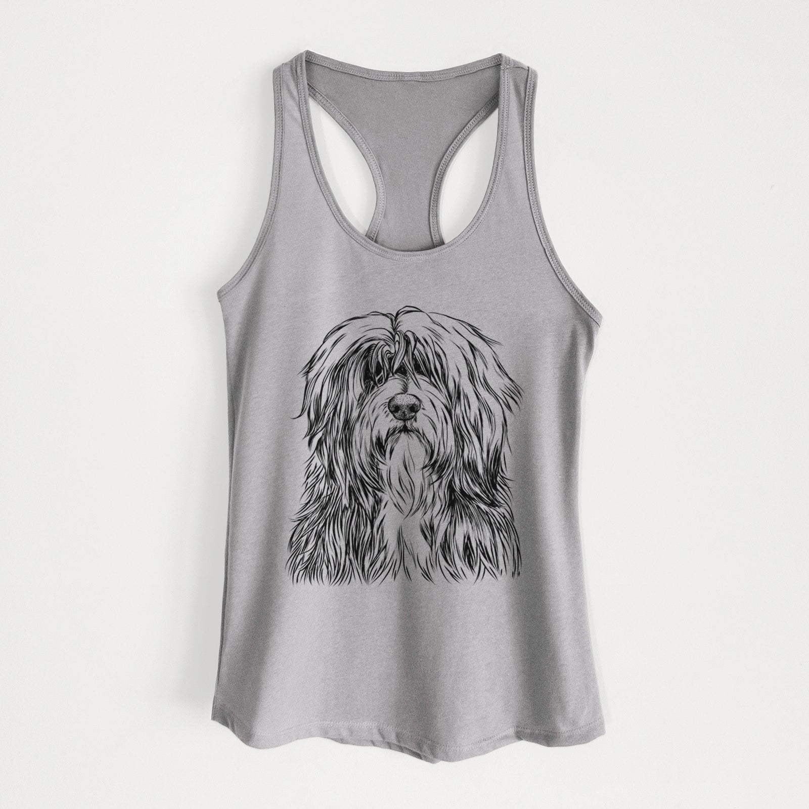 Hand-drawn sketch of Otto the Polish Lowland Sheepdog on a Heather Grey Women's racerback tanktop