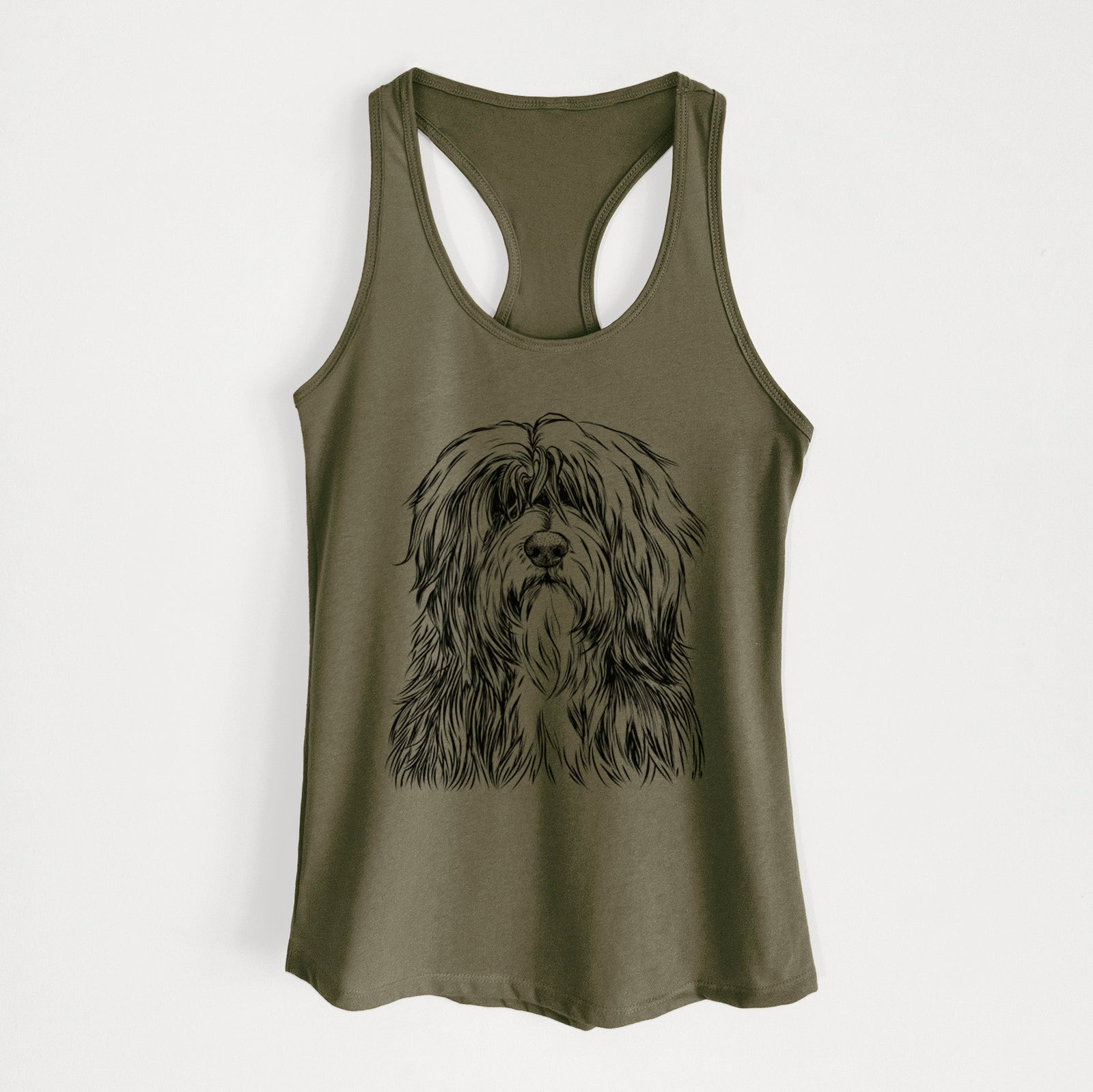 Hand-drawn sketch of Otto the Polish Lowland Sheepdog on a Military Green Women's racerback tanktop