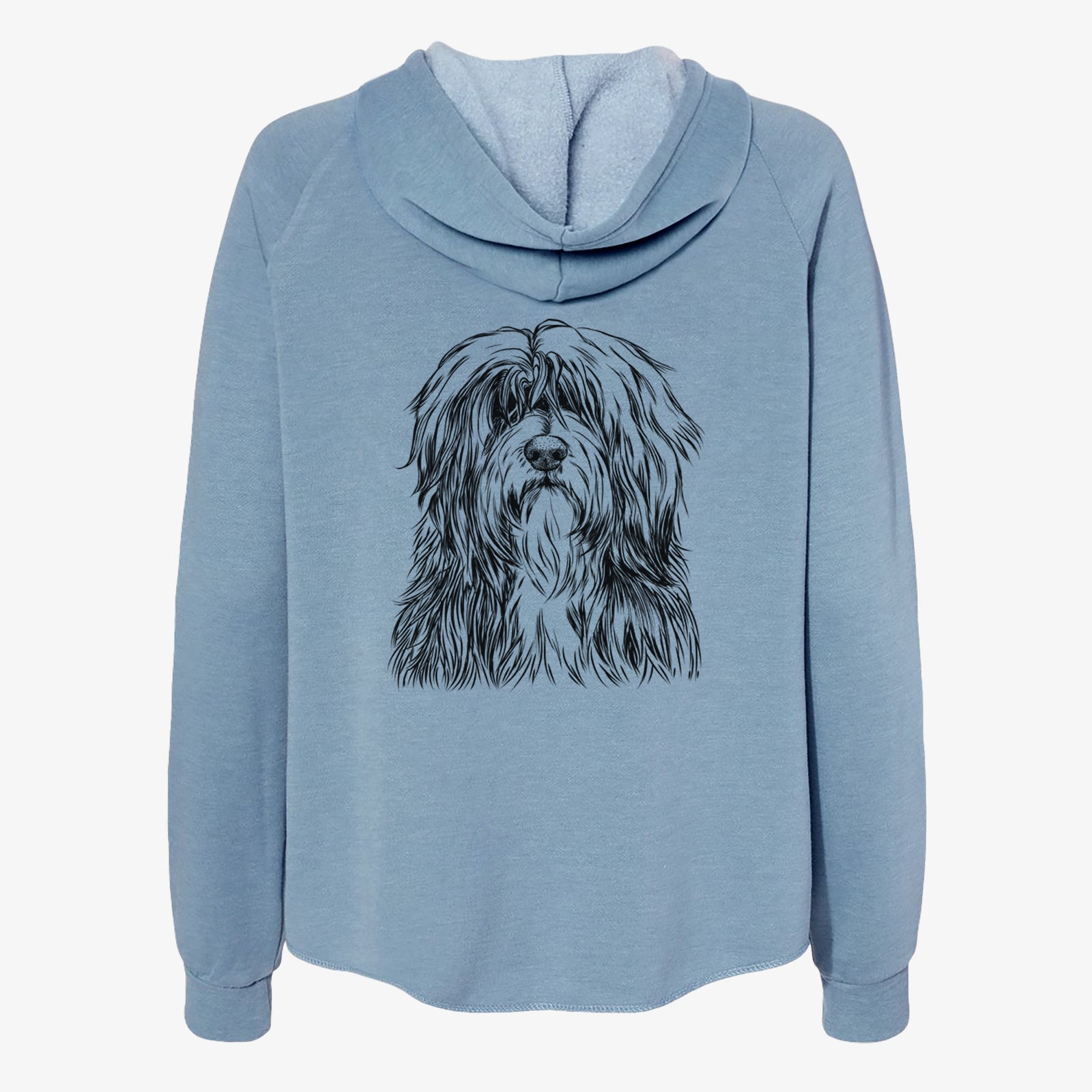 Hand-drawn sketch of Otto the Polish Lowland Sheepdog on a Misty Blue Women's cali wave zip-up sweatshirt
