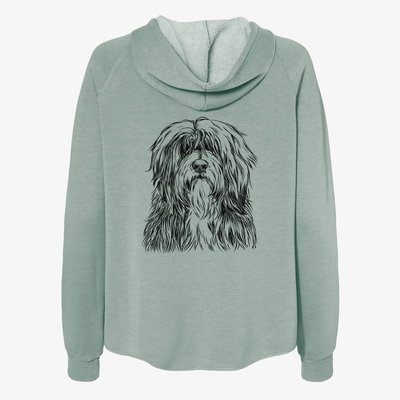 Hand-drawn sketch of Otto the Polish Lowland Sheepdog on a Sage Women's cali wave zip-up sweatshirt