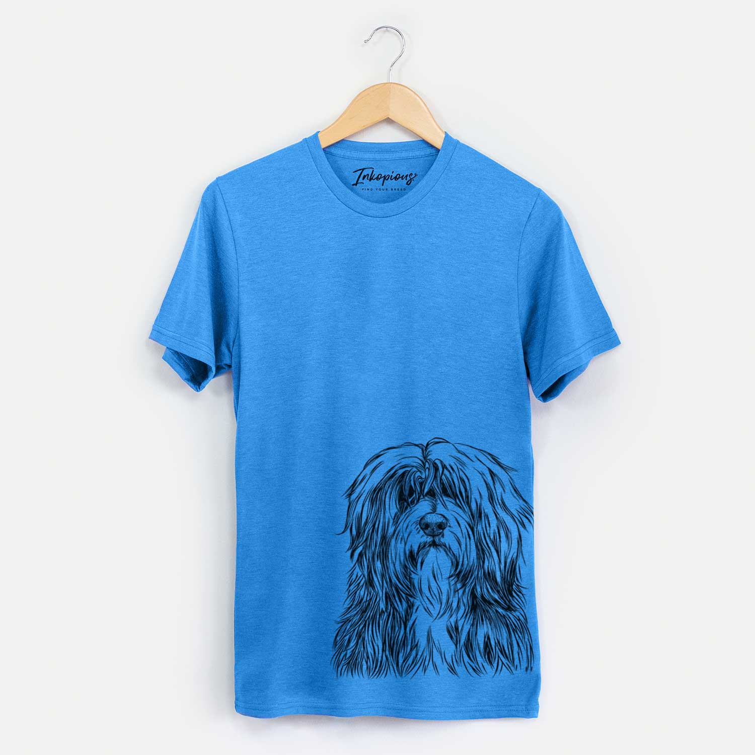 Hand-drawn sketch of Otto the Polish Lowland Sheepdog on a Blue Unisex crewneck