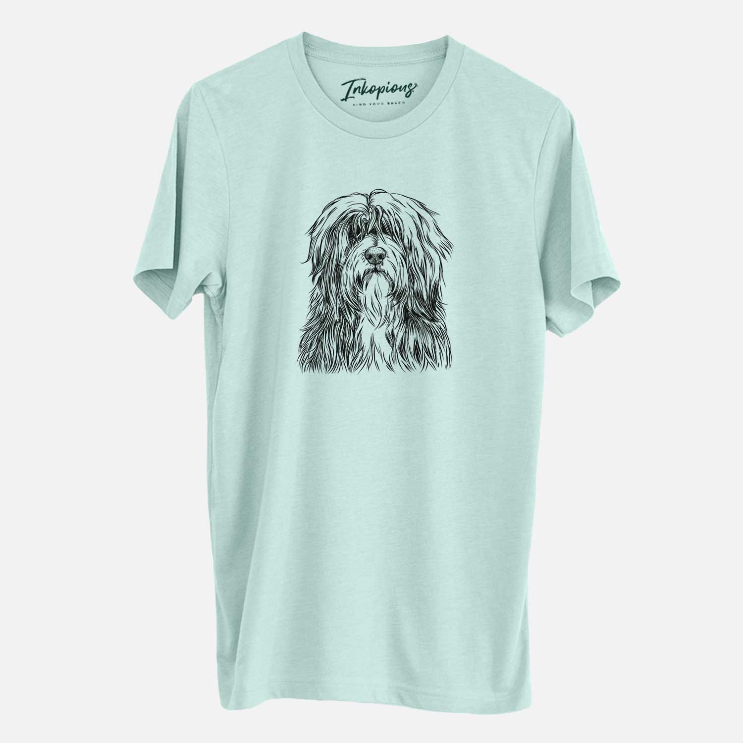 Hand-drawn sketch of Otto the Polish Lowland Sheepdog on a Heather Sage Unisex crewneck