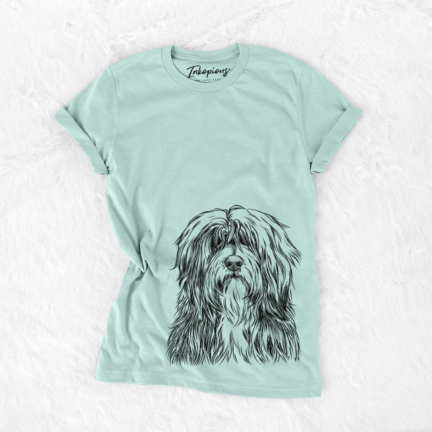 Hand-drawn sketch of Otto the Polish Lowland Sheepdog on a Heather Sage Bella Canvas Unisex Crewneck