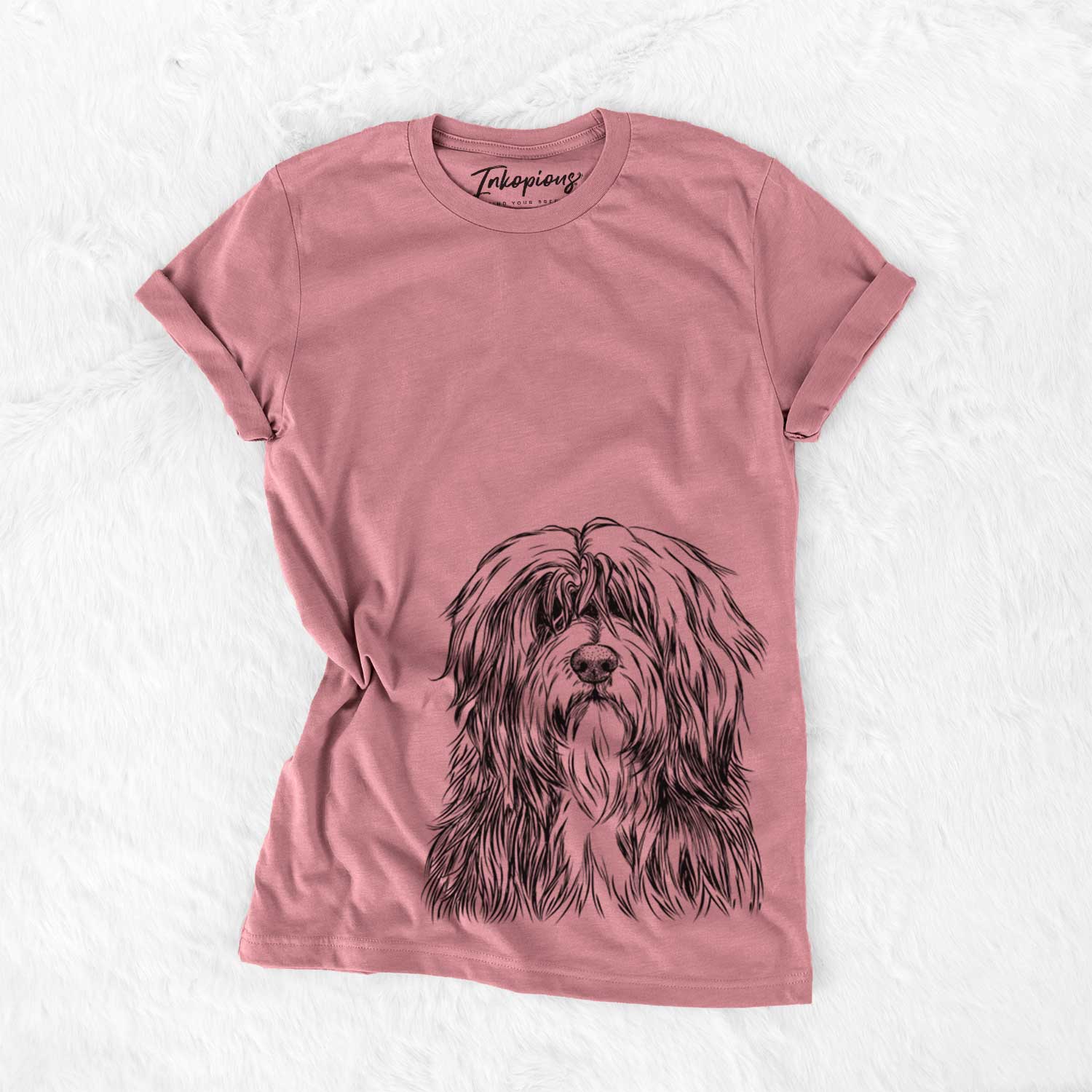 Hand-drawn sketch of Otto the Polish Lowland Sheepdog on a Mauve Unisex crewneck