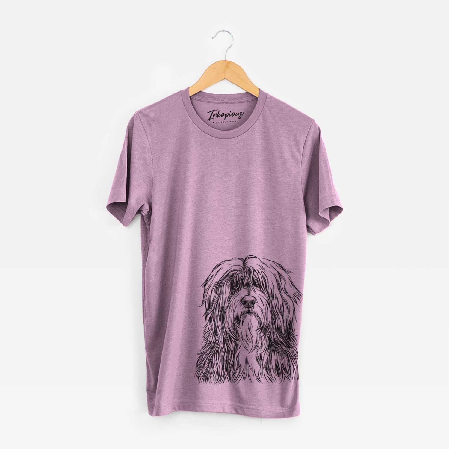 Hand-drawn sketch of Otto the Polish Lowland Sheepdog on an Orchid Unisex crewneck
