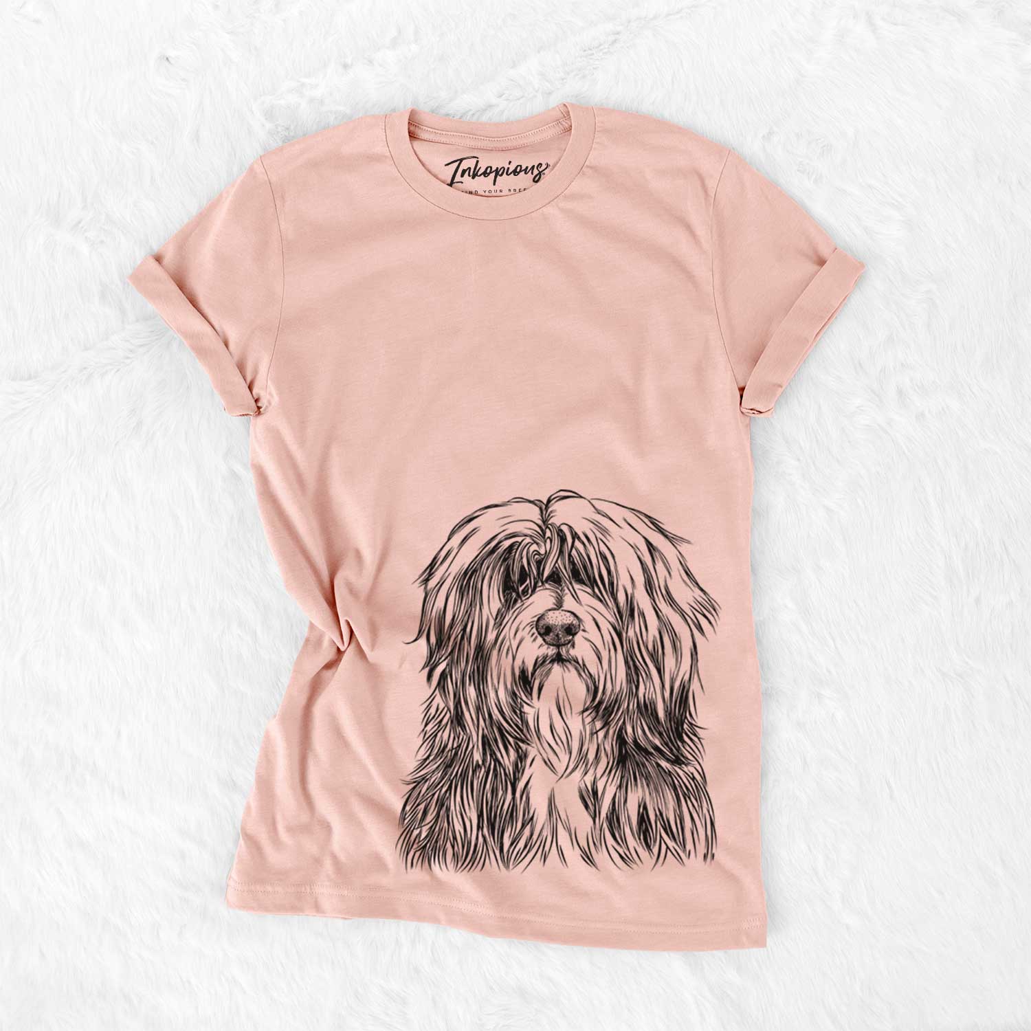 Hand-drawn sketch of Otto the Polish Lowland Sheepdog on a Peach Bella Canvas Unisex Crewneck