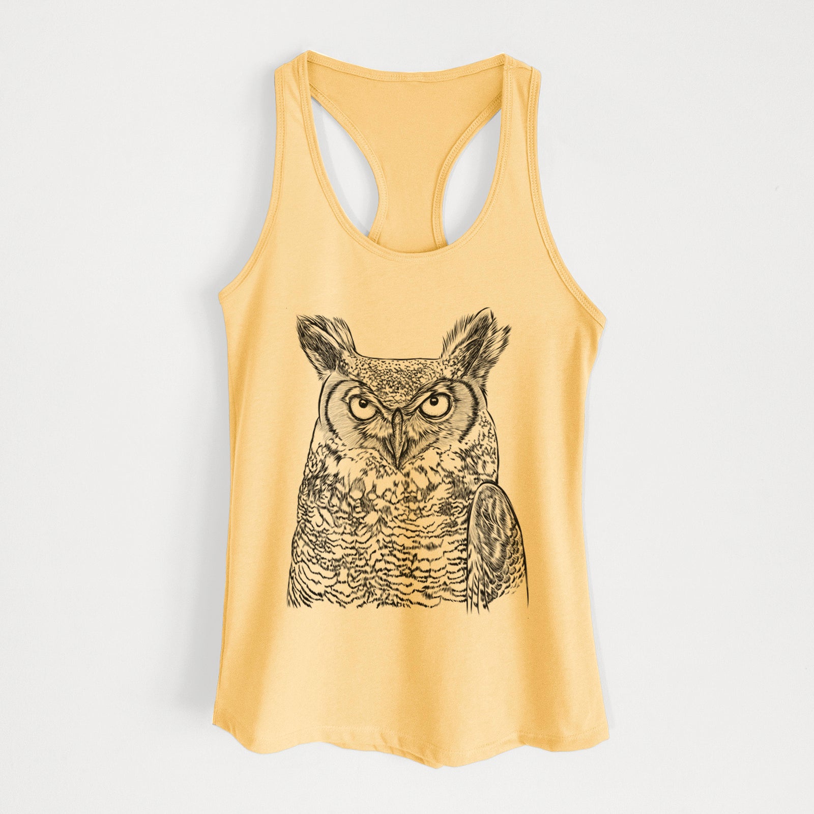Hand-drawn sketch of Ozwald the Grey Horned Owl on a Banana Cream Women's racerback tanktop