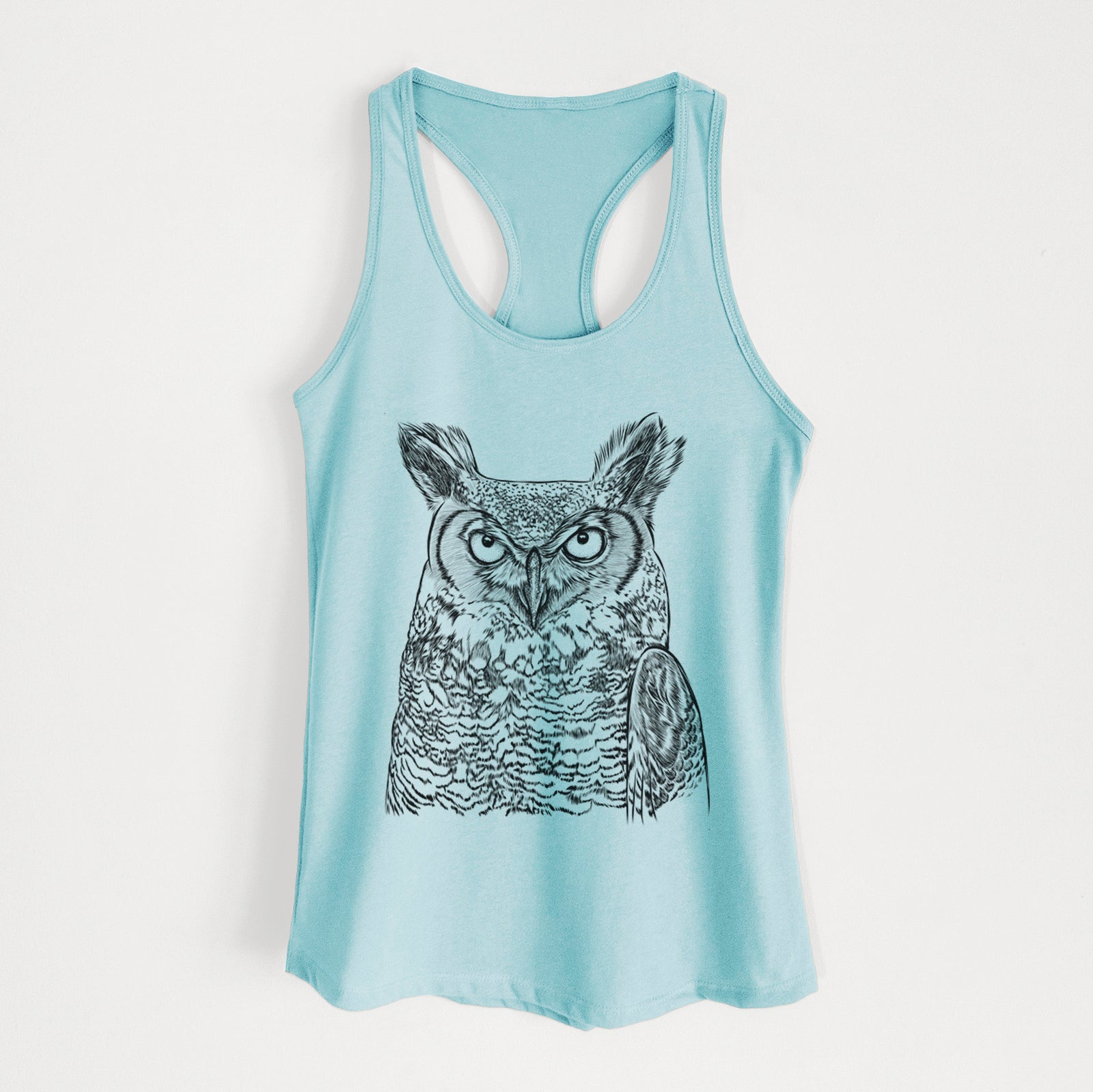 Hand-drawn sketch of Ozwald the Grey Horned Owl on a Cancun Blue Women's racerback tanktop