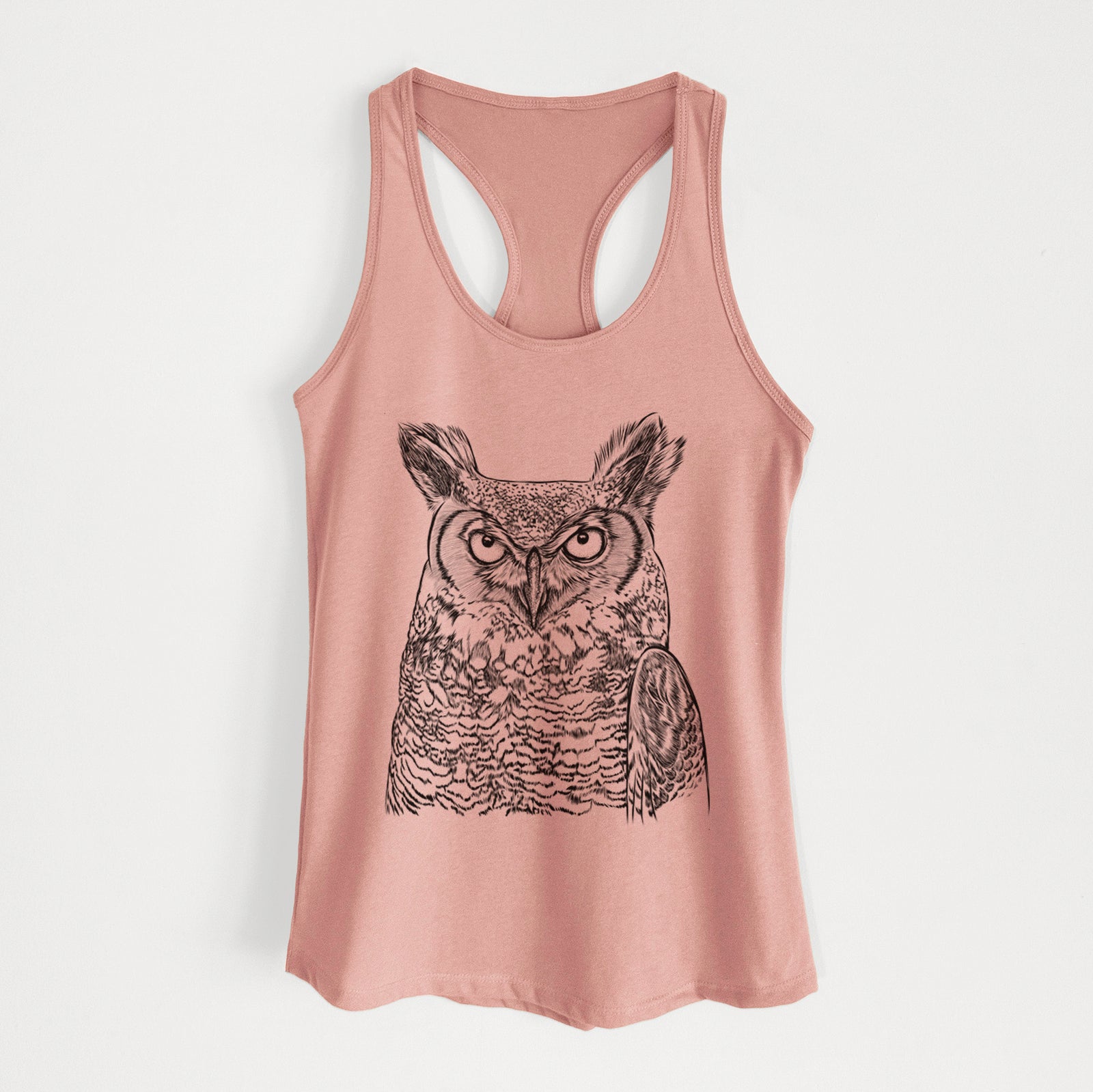 Hand-drawn sketch of Ozwald the Grey Horned Owl on a Desert Pink Women's racerback tanktop