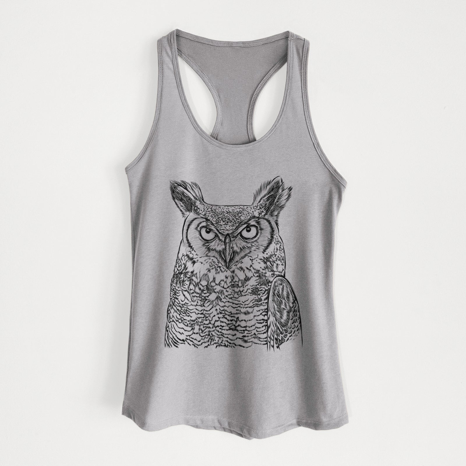 Hand-drawn sketch of Ozwald the Grey Horned Owl on a Heather Grey Women's racerback tanktop
