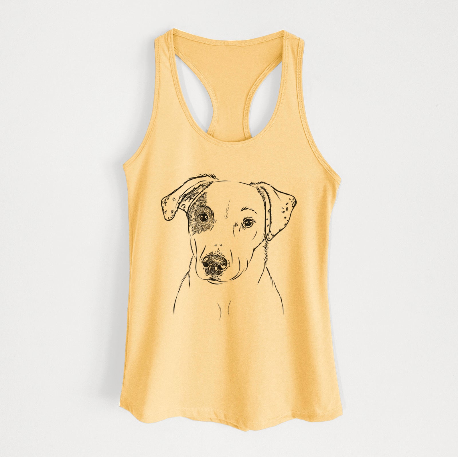 Hand-drawn sketch of P Pie the Mixed Breed on a Banana Cream Women's racerback tanktop