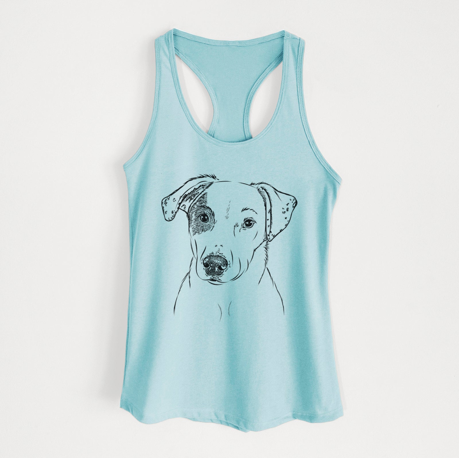 Hand-drawn sketch of P Pie the Mixed Breed on a Cancun Blue Women's racerback tanktop