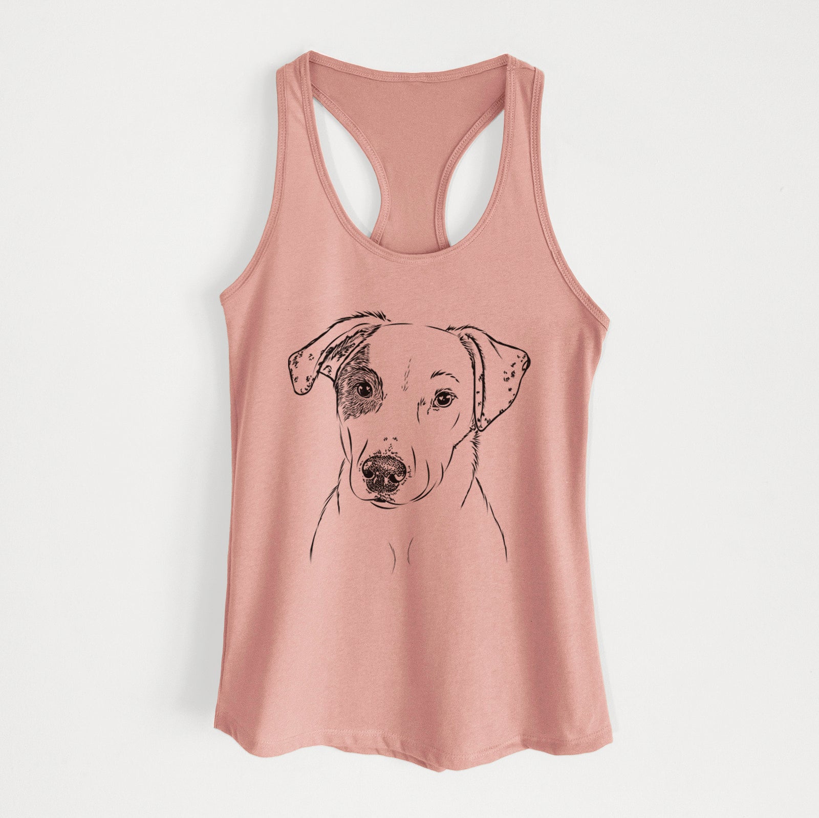 Hand-drawn sketch of P Pie the Mixed Breed on a Desert Pink Women's racerback tanktop