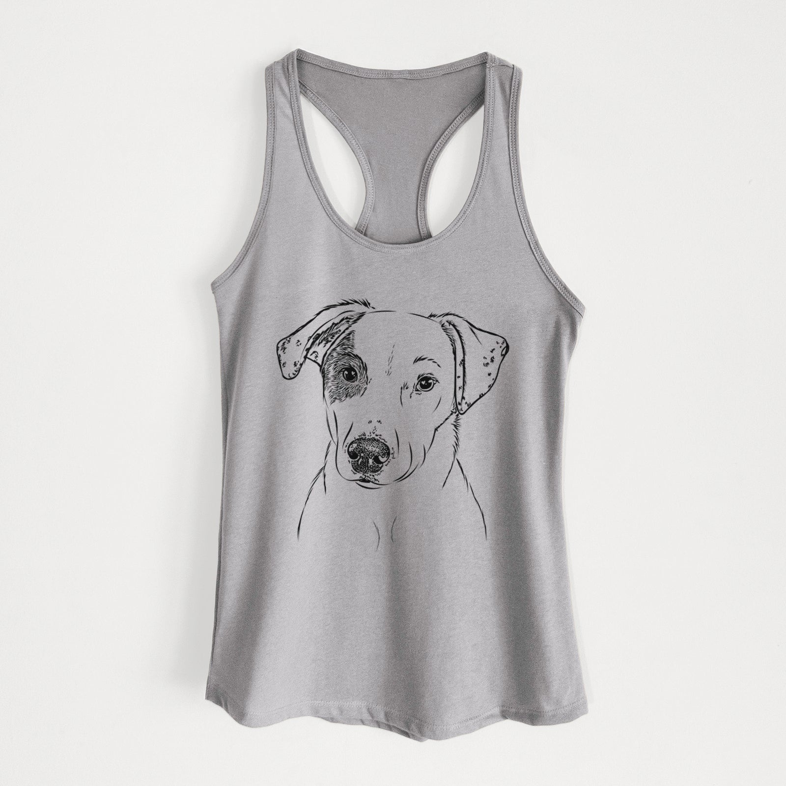 Hand-drawn sketch of P Pie the Mixed Breed on a Heather Grey Women's racerback tanktop