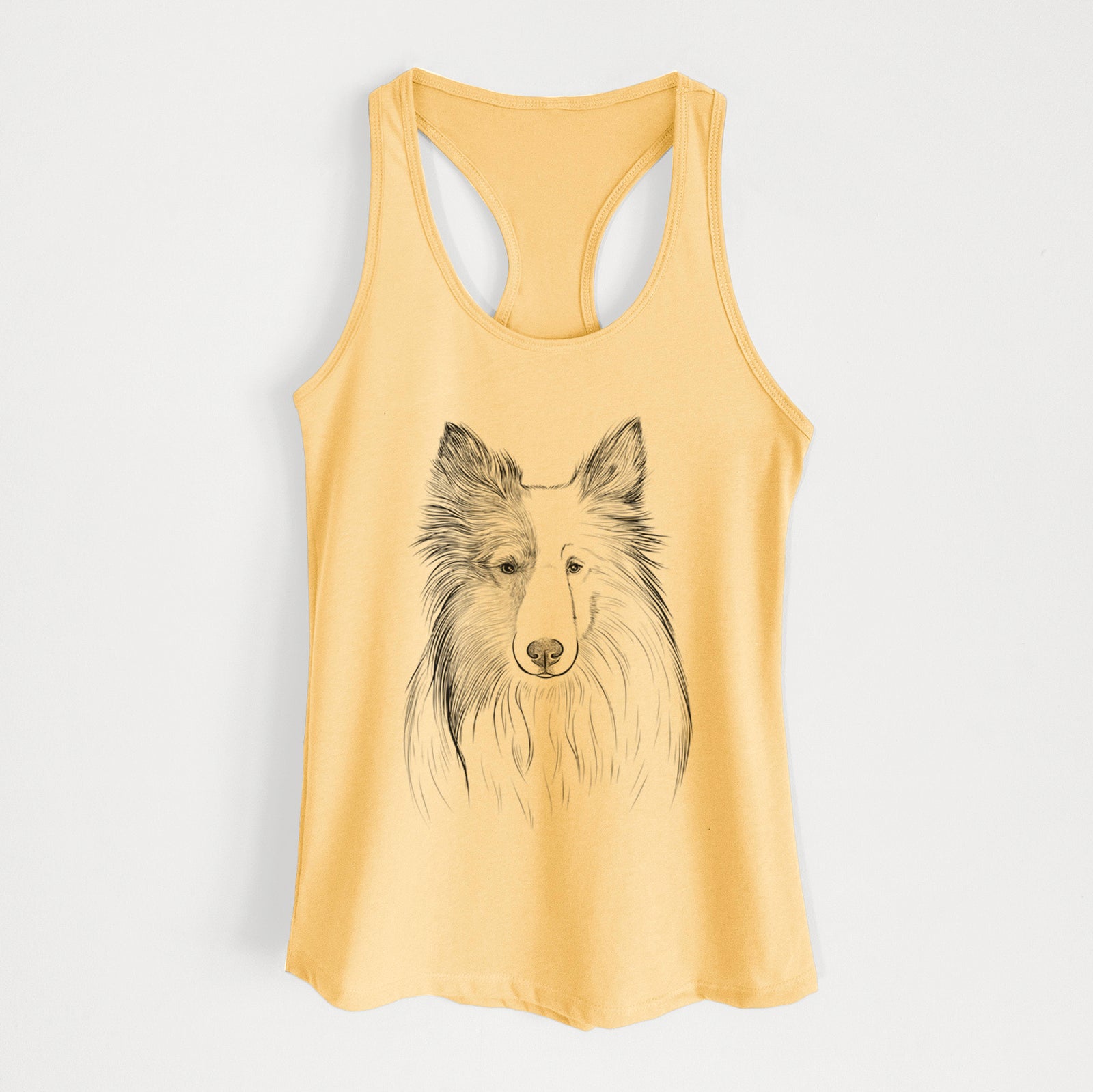 Hand-drawn sketch of Palin the Shetland Sheepdog on a Banana Cream Women's racerback tanktop