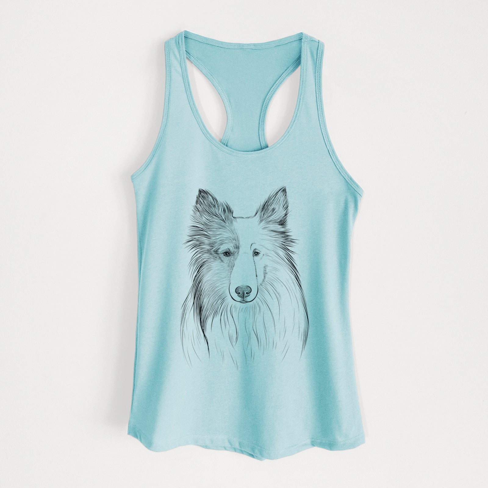 Hand-drawn sketch of Palin the Shetland Sheepdog on a Cancun Blue Women's racerback tanktop