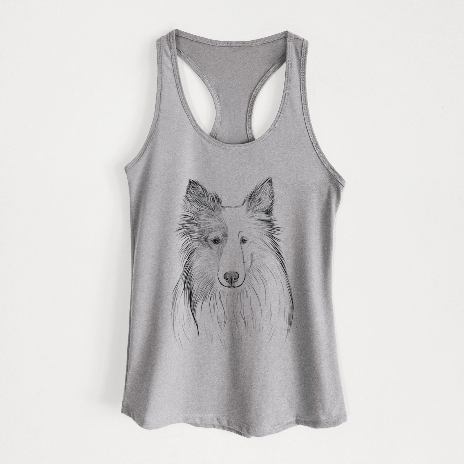 Hand-drawn sketch of Palin the Shetland Sheepdog on a Heather Grey Women's racerback tanktop