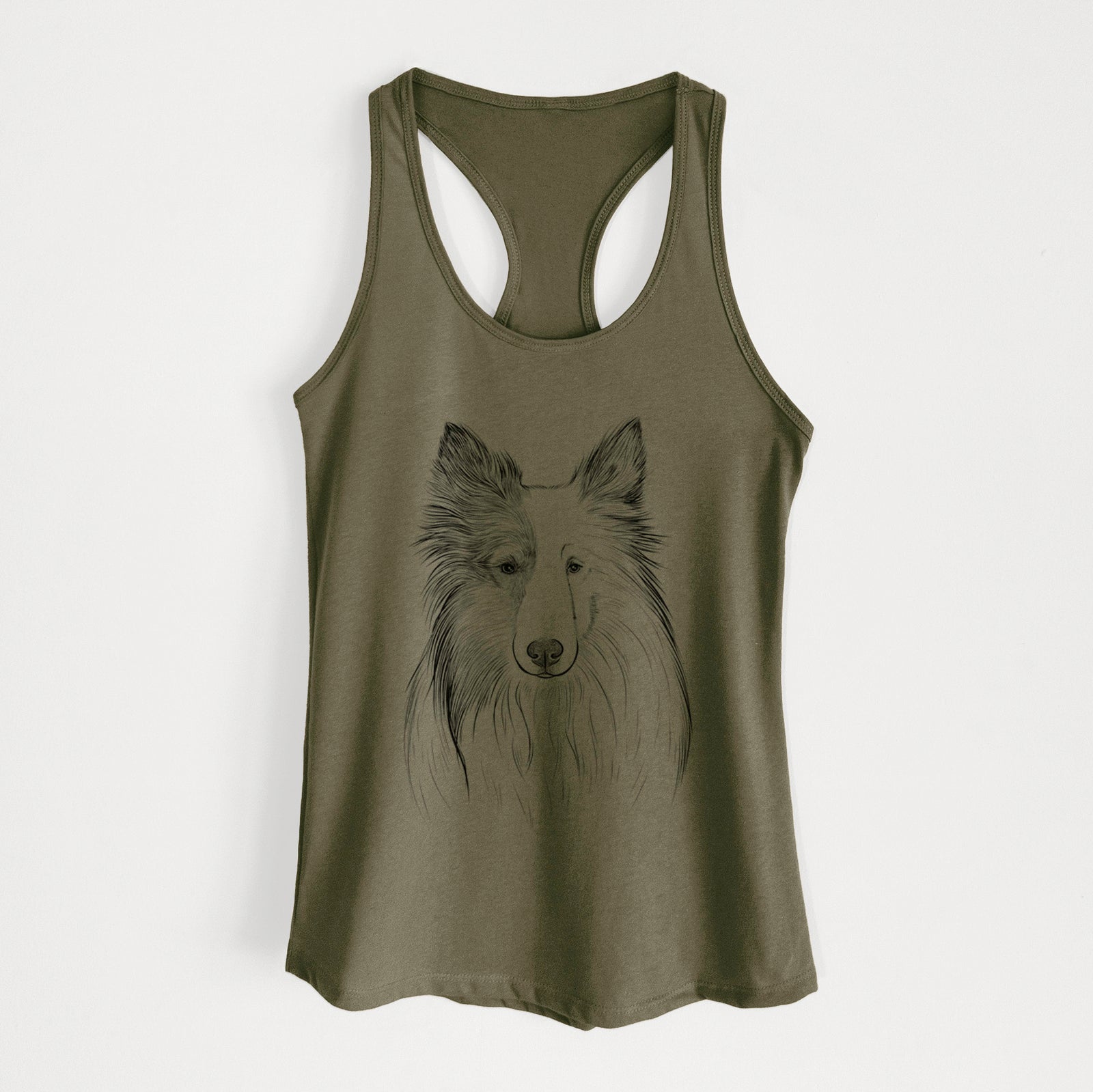 Hand-drawn sketch of Palin the Shetland Sheepdog on a Military Green Women's racerback tanktop