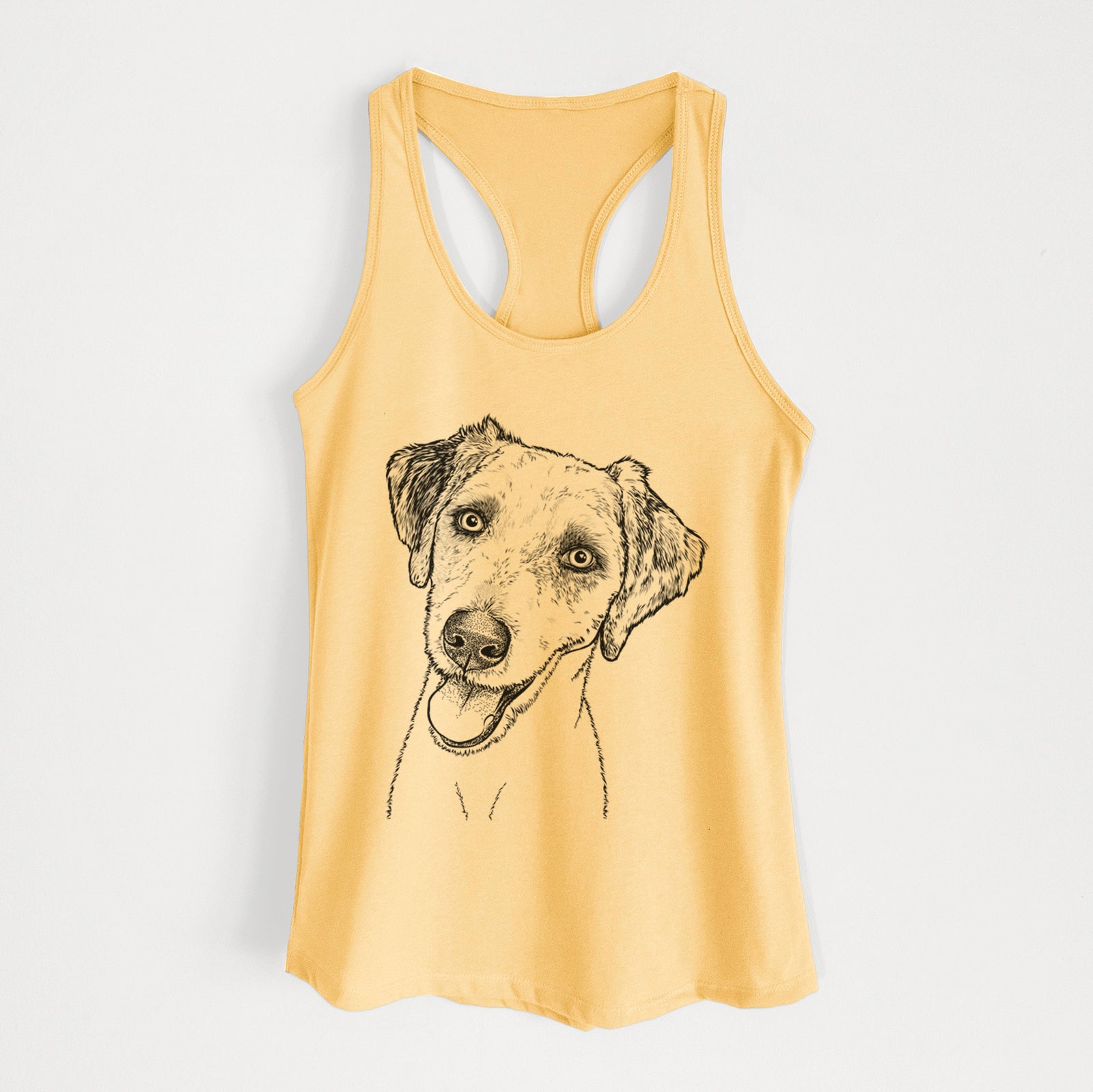 Hand-drawn sketch of Palm Palm the Aussiedoodle on a Banana Cream Women's racerback tanktop