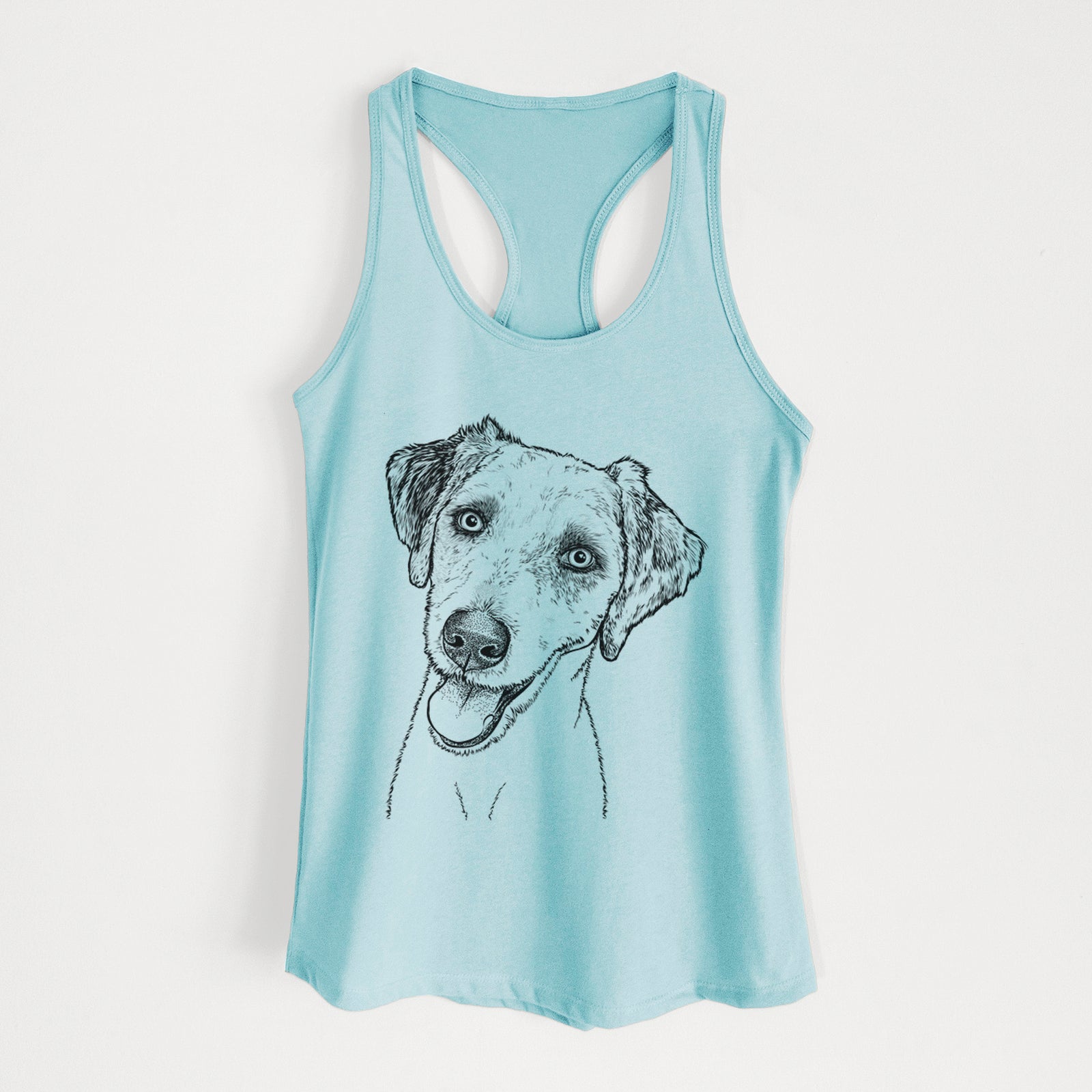 Hand-drawn sketch of Palm Palm the Aussiedoodle on a Cancun Blue Women's racerback tanktop