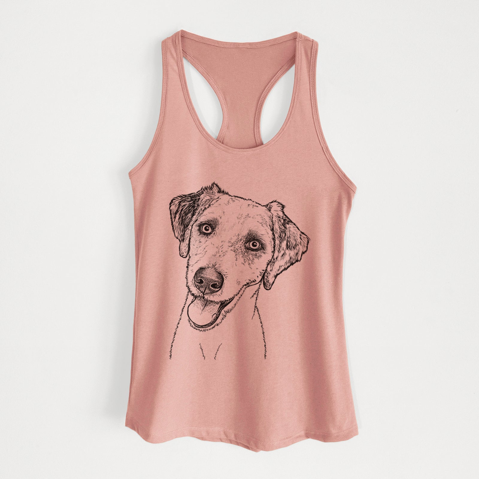 Hand-drawn sketch of Palm Palm the Aussiedoodle on a Desert Pink Women's racerback tanktop