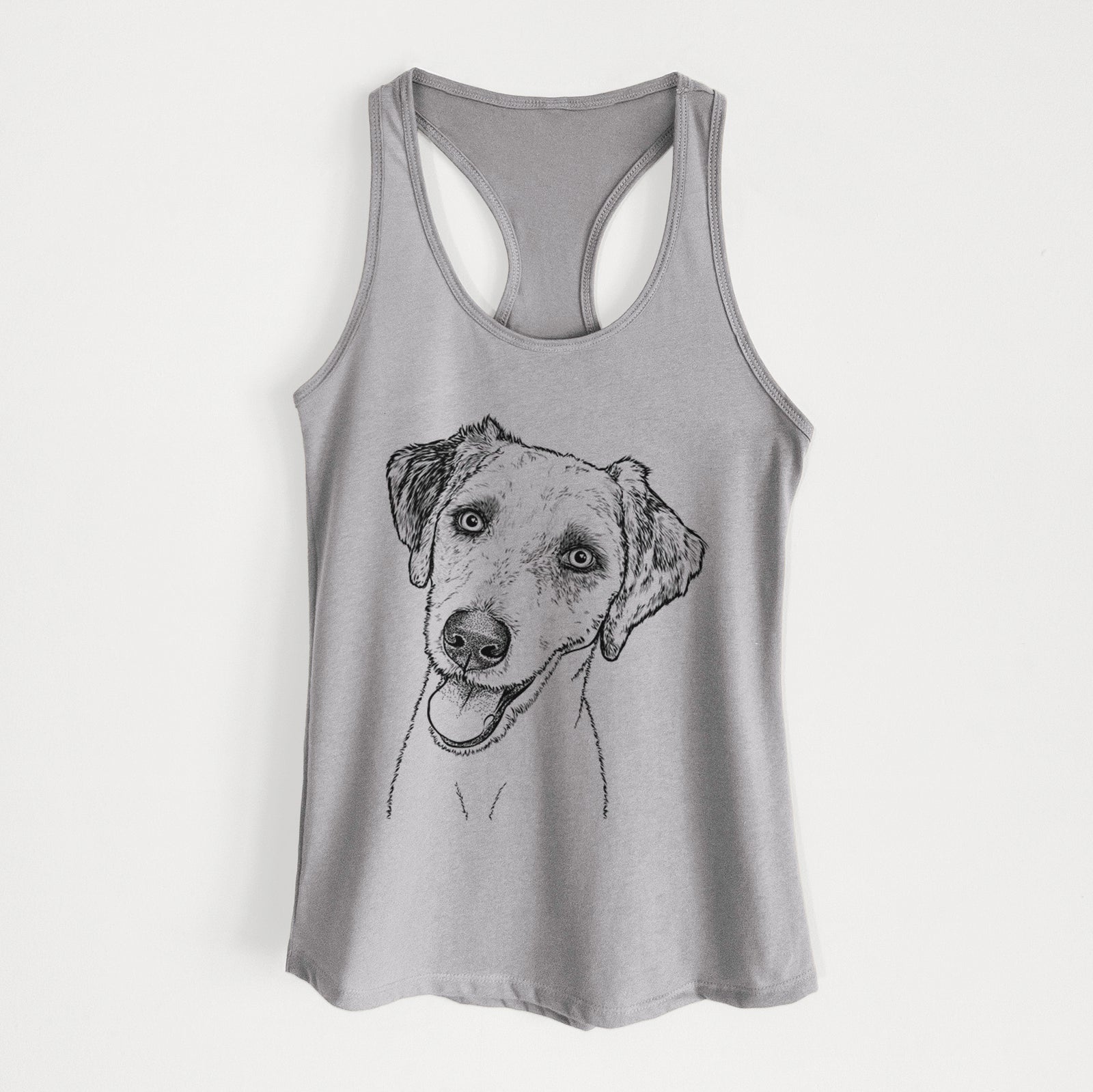 Hand-drawn sketch of Palm Palm the Aussiedoodle on a Heather Grey Women's racerback tanktop