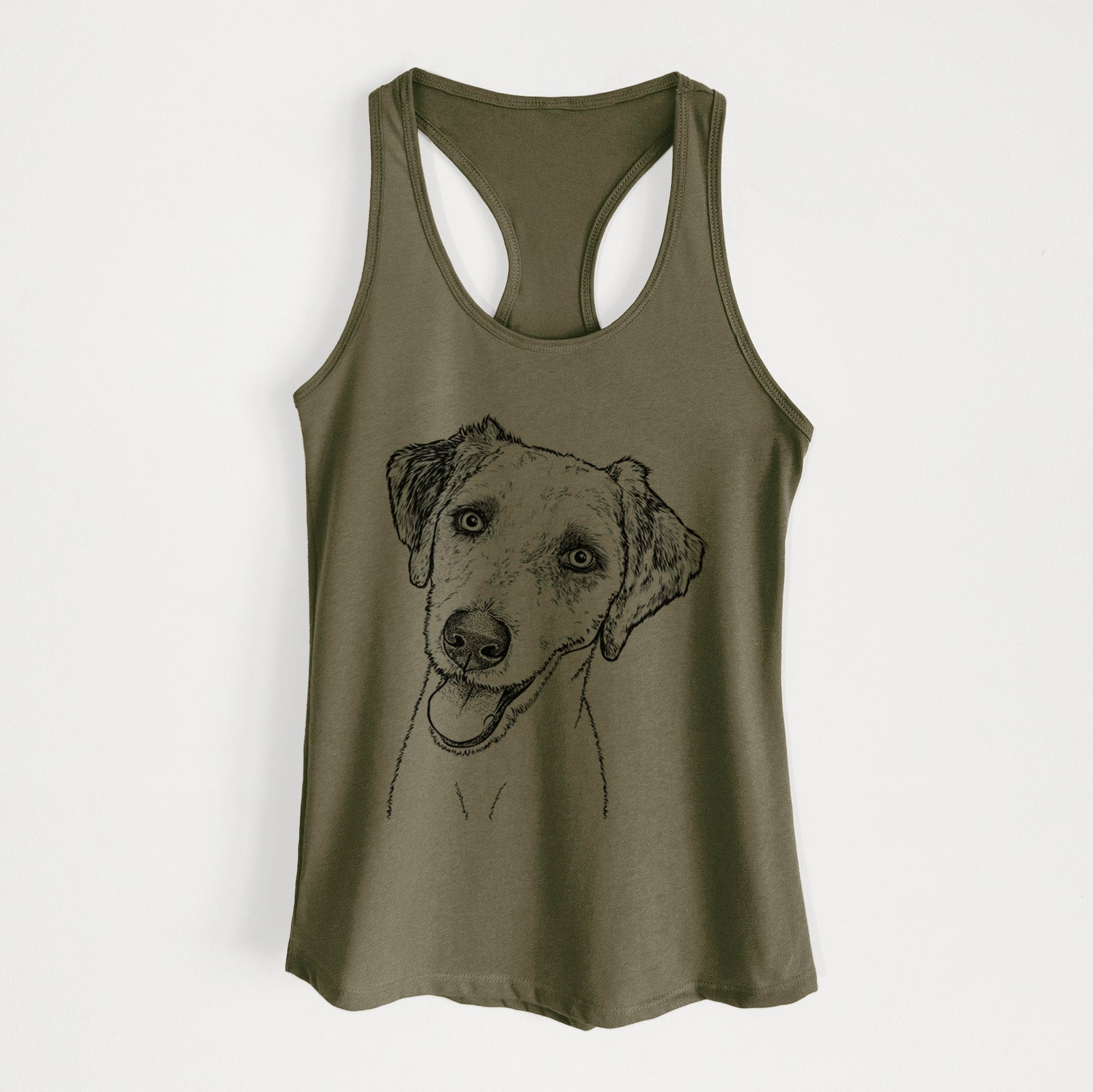 Hand-drawn sketch of Palm Palm the Aussiedoodle on a Military Green Women's racerback tanktop