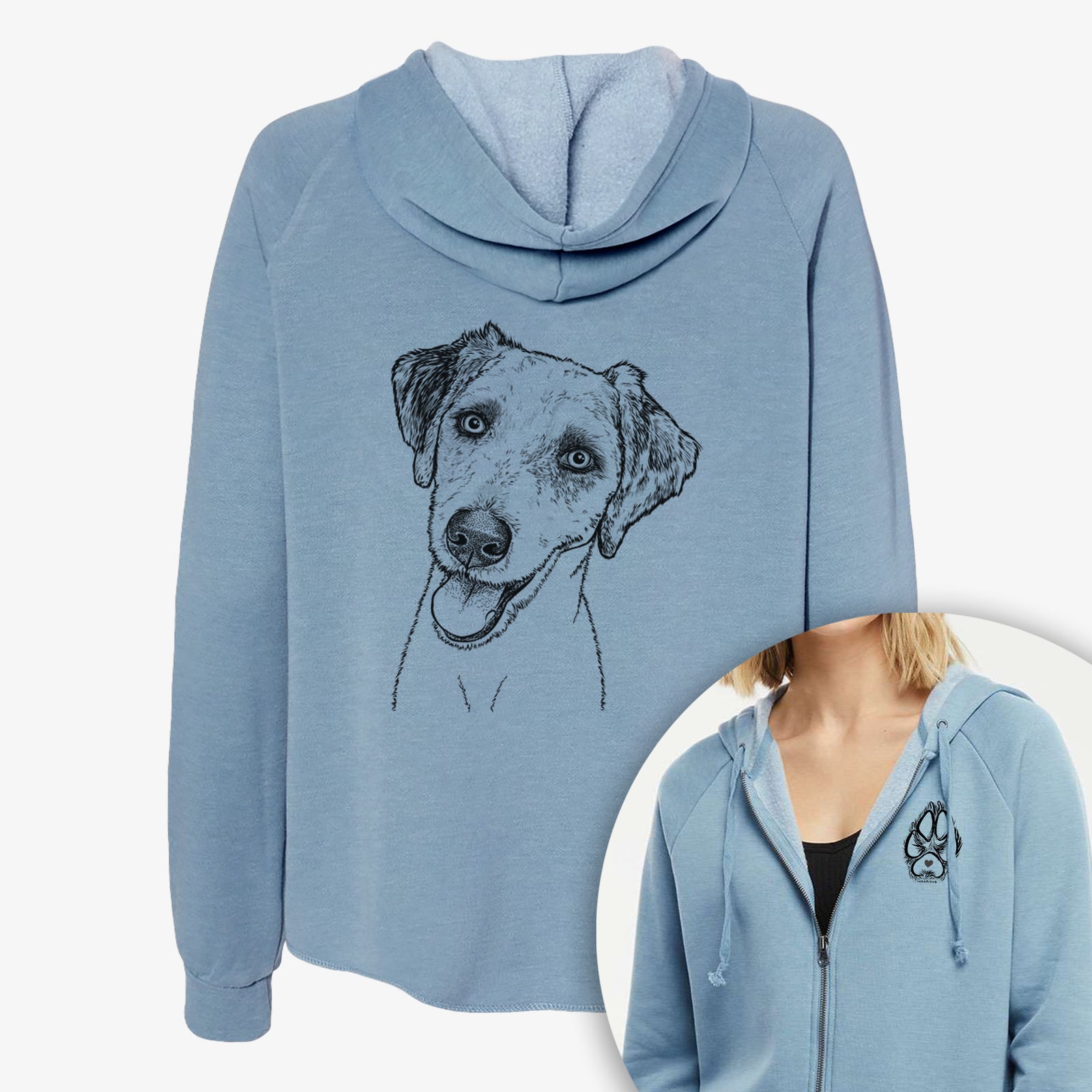 Hand-drawn sketch of Palm Palm the Aussiedoodle on a Women's cali wave zip-up sweatshirt, shown with icons of the other available costume styles