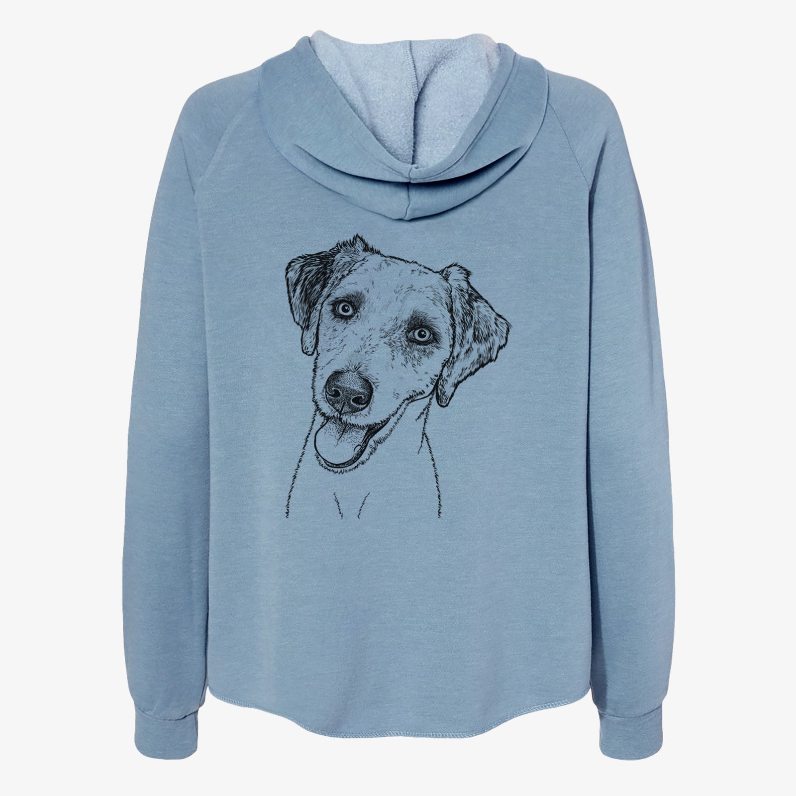Hand-drawn sketch of Palm Palm the Aussiedoodle on a Misty Blue Women's cali wave zip-up sweatshirt