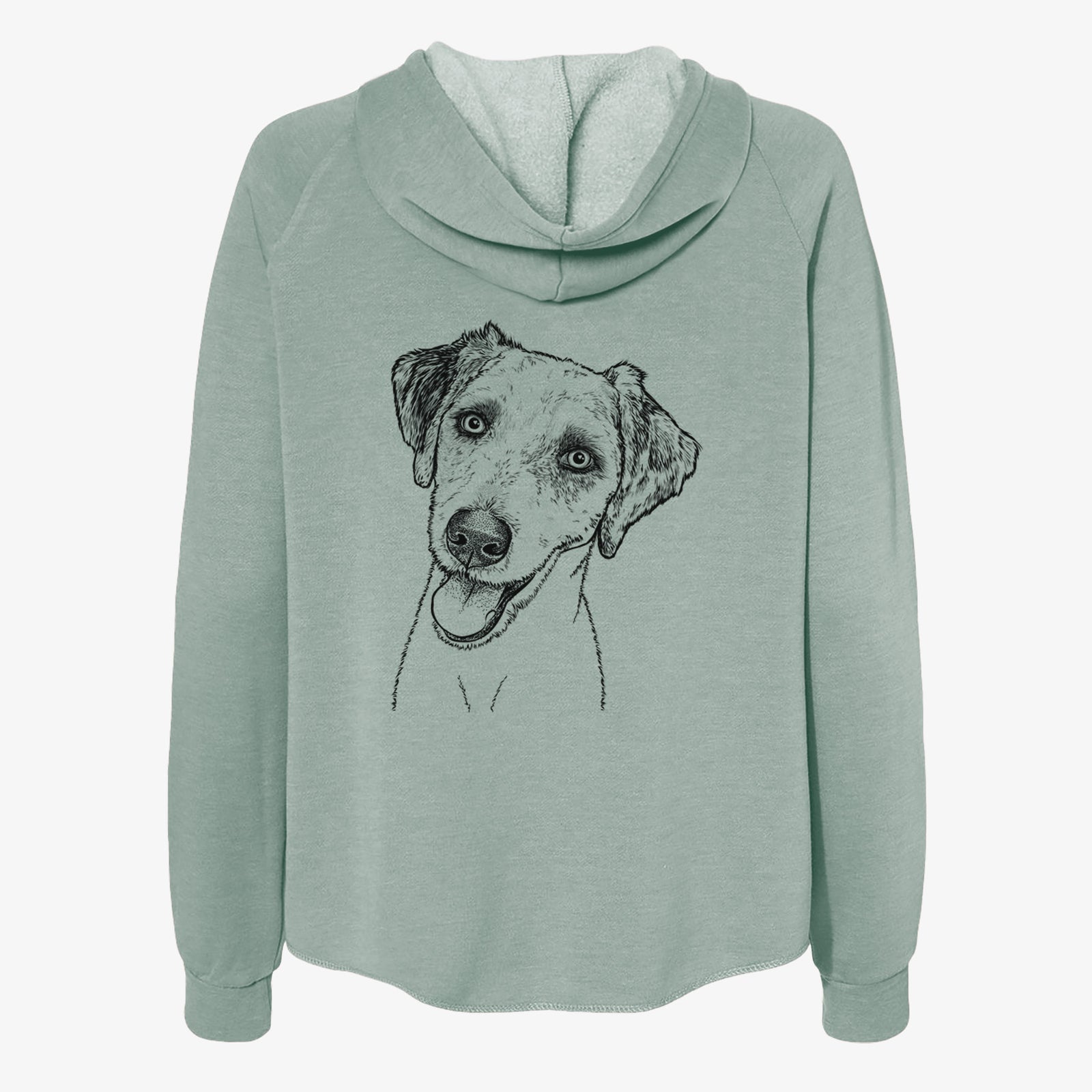 Hand-drawn sketch of Palm Palm the Aussiedoodle on a Sage Women's cali wave zip-up sweatshirt