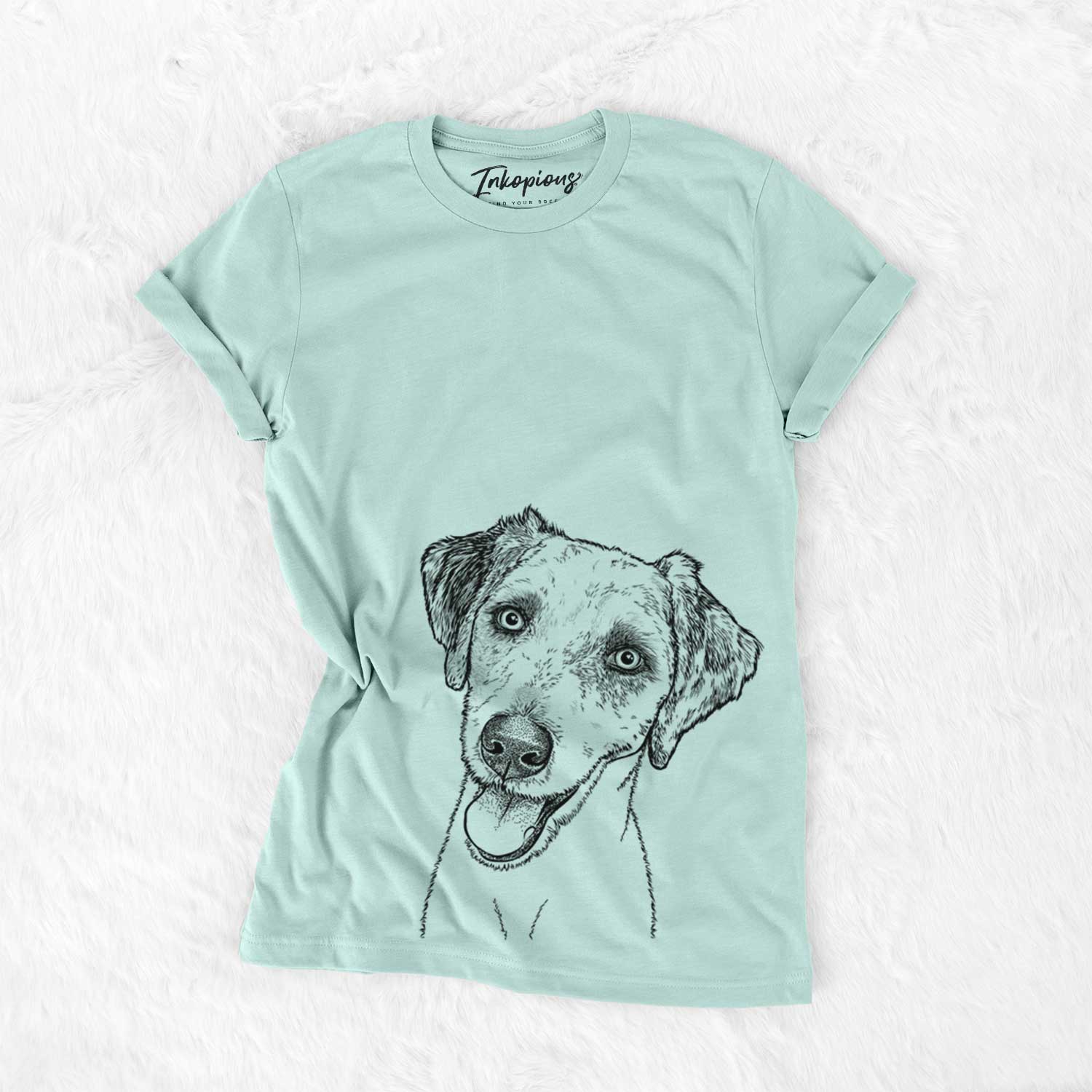 Hand-drawn sketch of Palm Palm the Aussiedoddle on a Heather Sage Bella Canvas Unisex Crewneck