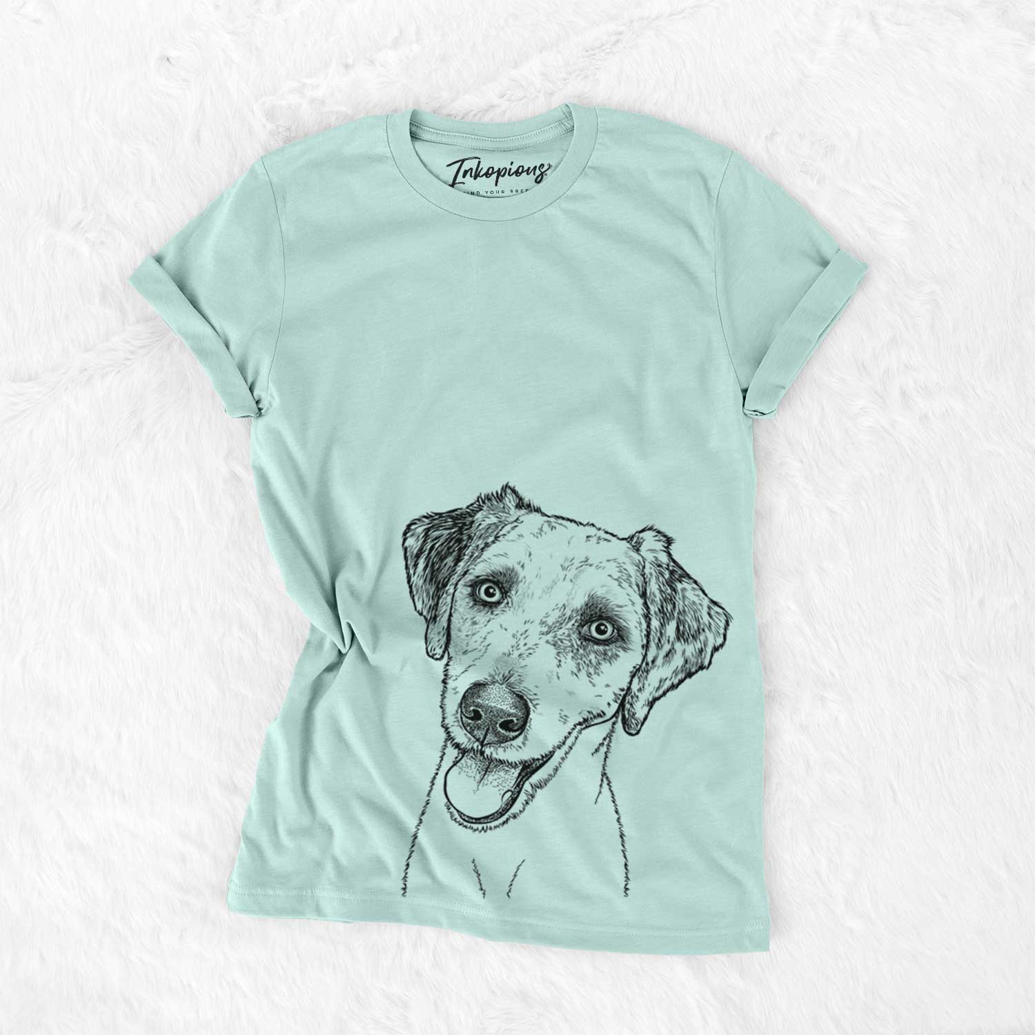 Hand-drawn sketch of Palm Palm the Aussiedoodle on a Heather Sage Unisex crewneck
