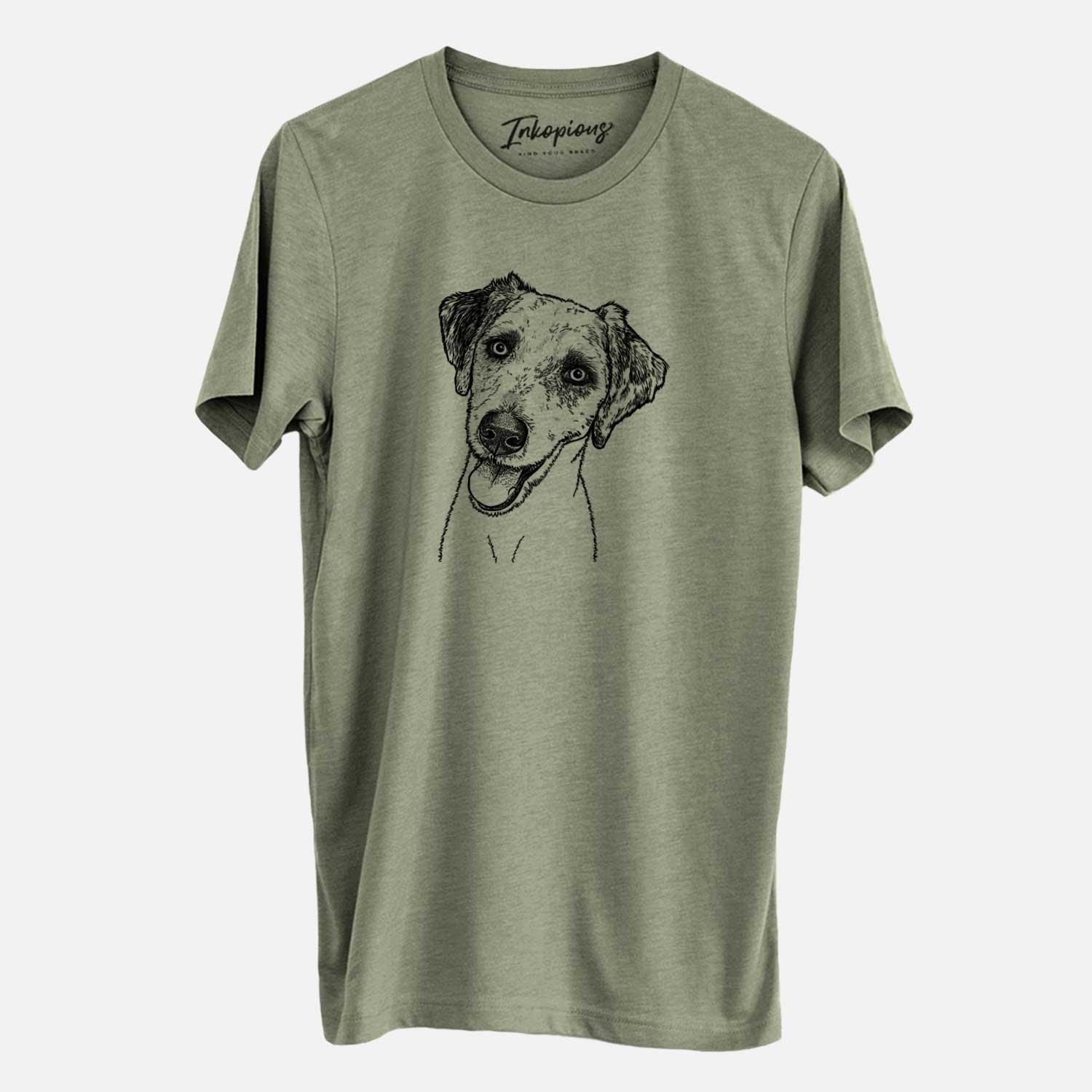 Hand-drawn sketch of Palm Palm the Aussiedoodle on an Olive Unisex crewneck