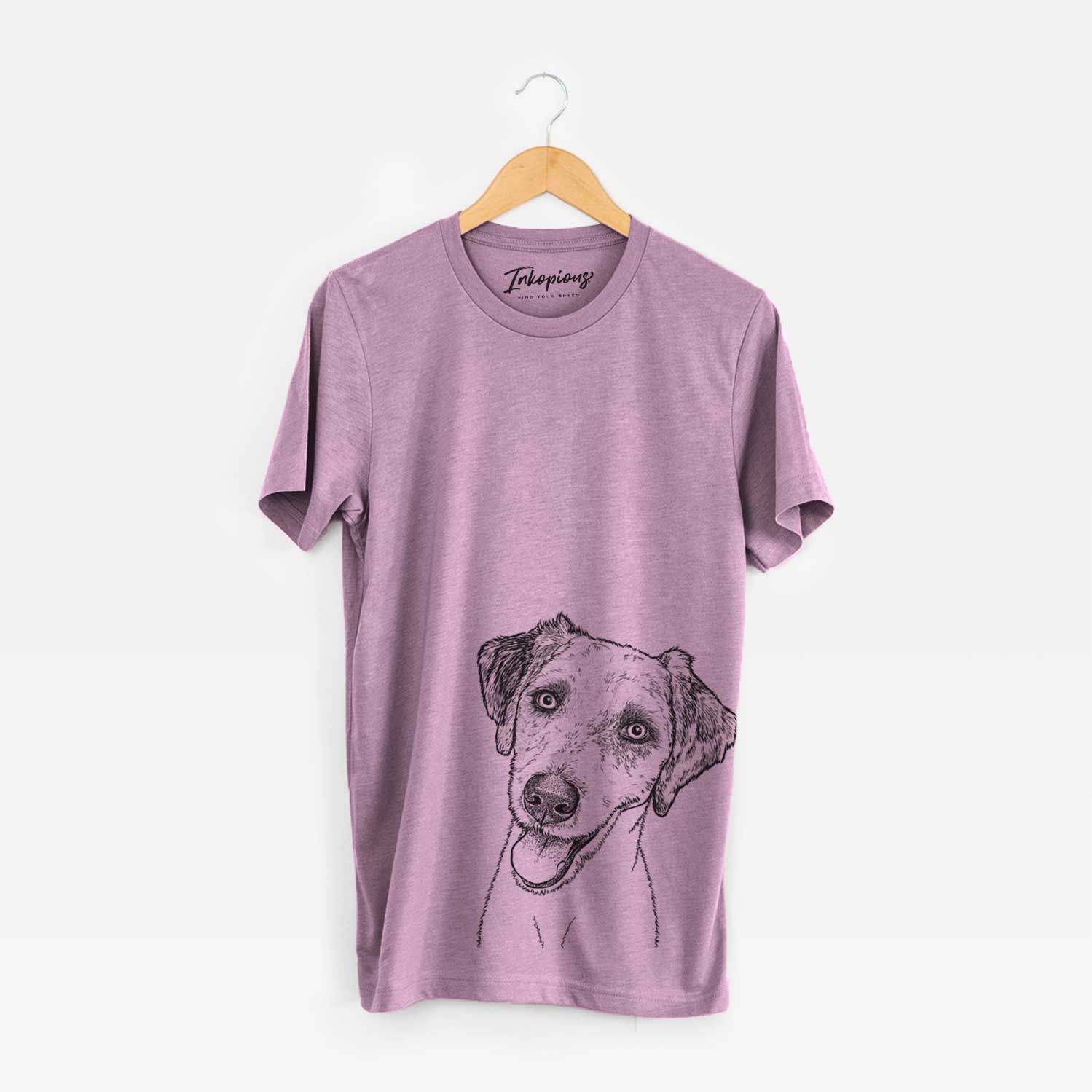 Hand-drawn sketch of Palm Palm the Aussiedoddle on an Orchid Bella Canvas Unisex Crewneck