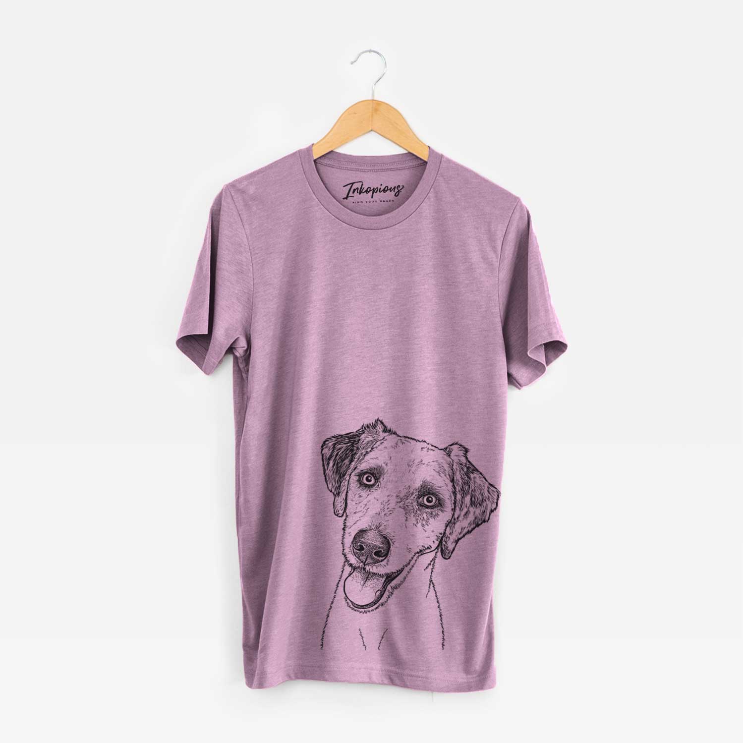 Hand-drawn sketch of Palm Palm the Aussiedoodle on an Orchid Unisex crewneck