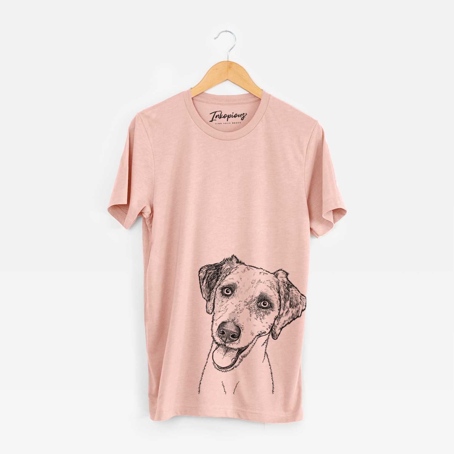 Hand-drawn sketch of Palm Palm the Aussiedoddle on a Peach Bella Canvas Unisex Crewneck