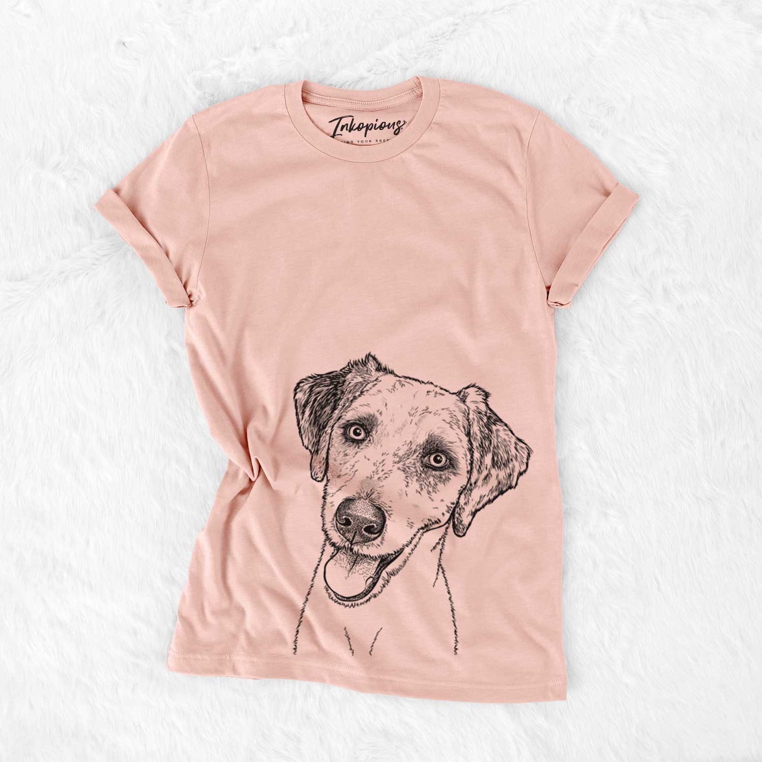 Hand-drawn sketch of Palm Palm the Aussiedoddle on a Peach Bella Canvas Unisex Crewneck