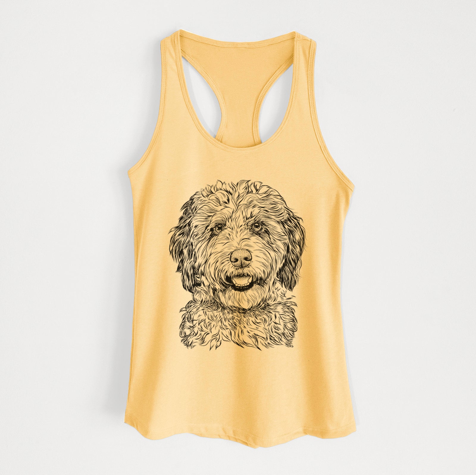 Hand-drawn sketch of Palmer the Aussiedoodle on a Banana Cream Women's racerback tanktop