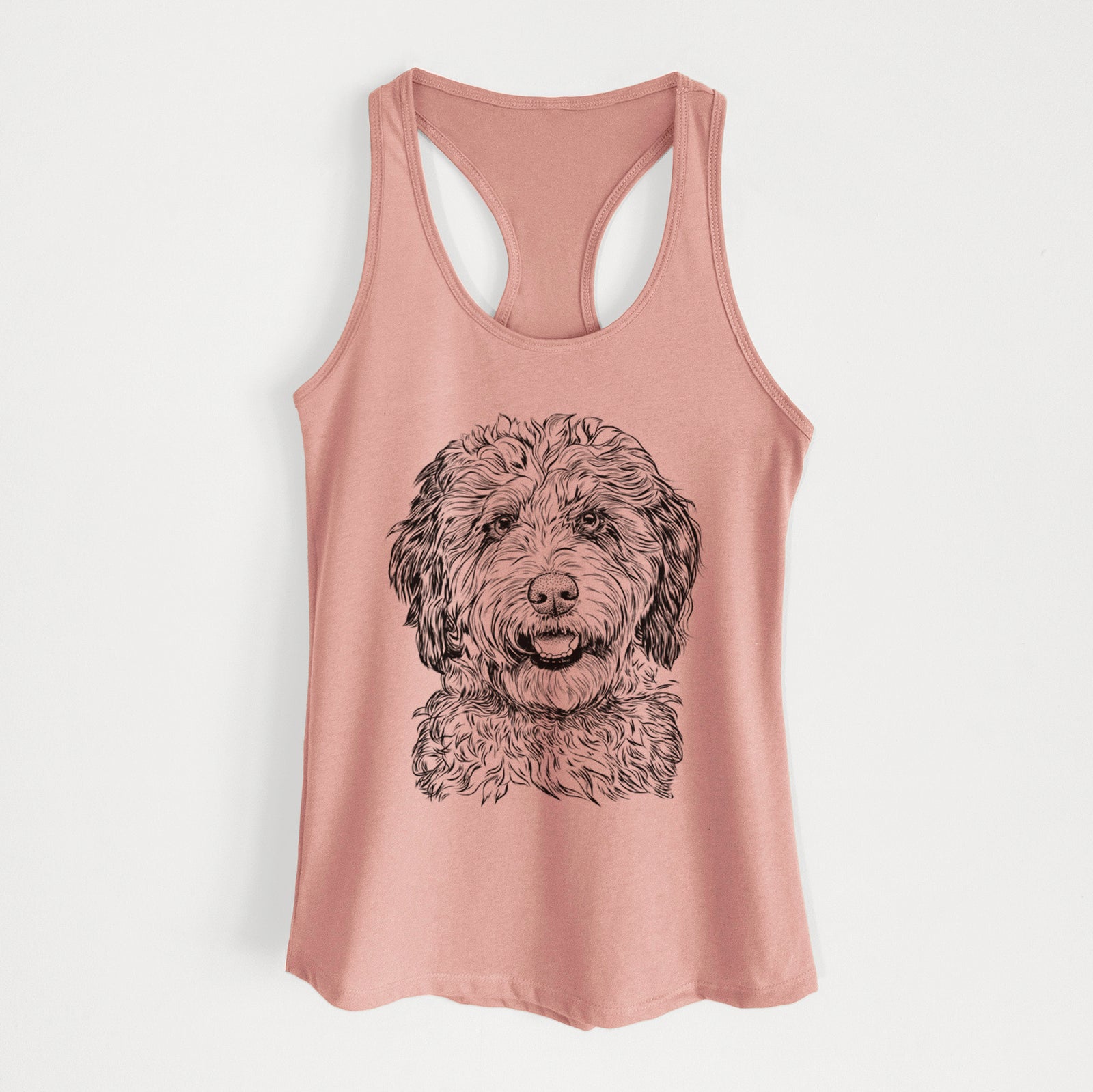 Hand-drawn sketch of Palmer the Aussiedoodle on a Desert Pink Women's racerback tanktop