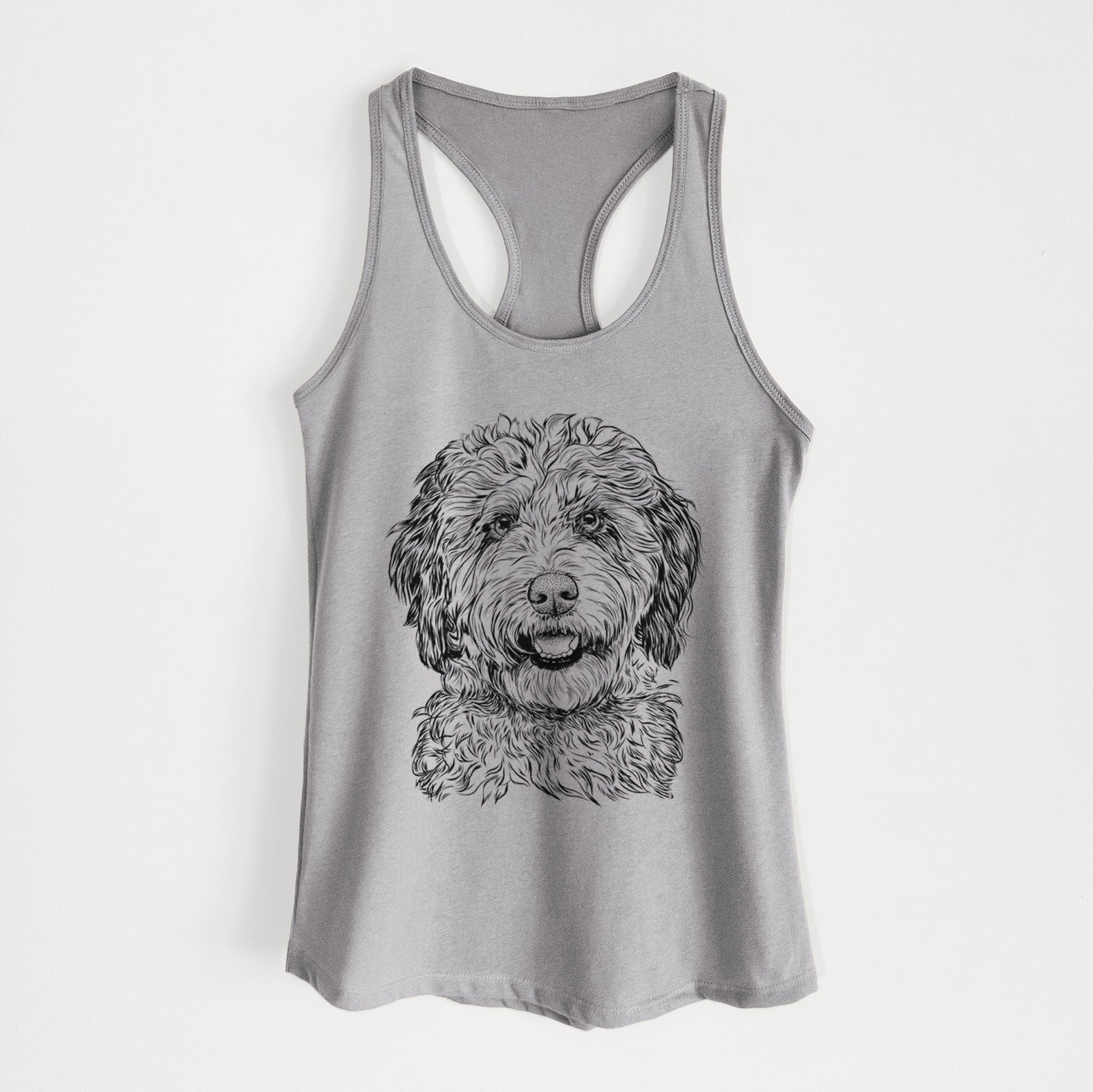 Hand-drawn sketch of Palmer the Aussiedoodle on a Heather Grey Women's racerback tanktop