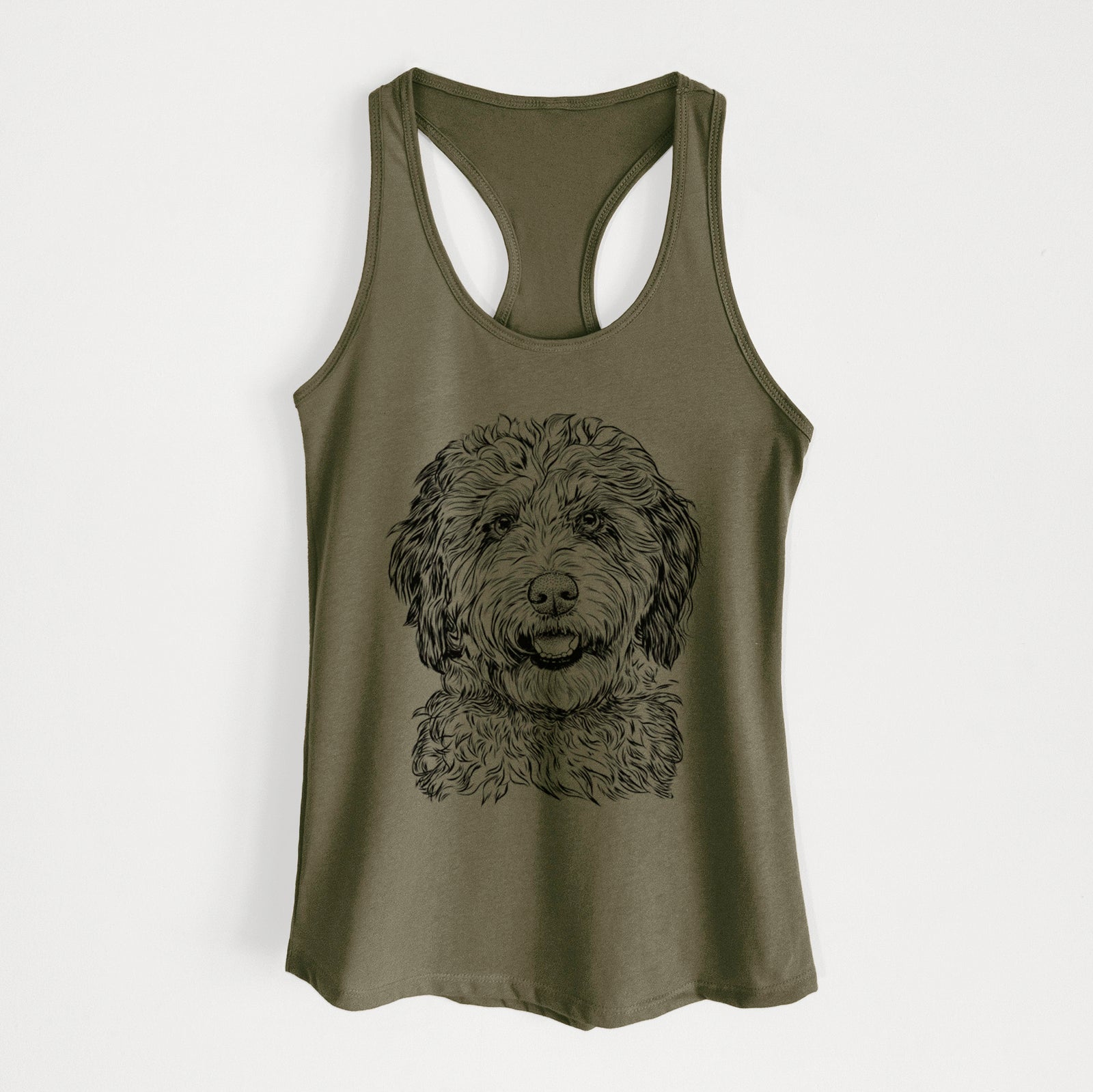 Hand-drawn sketch of Palmer the Aussiedoodle on a Military Green Women's racerback tanktop