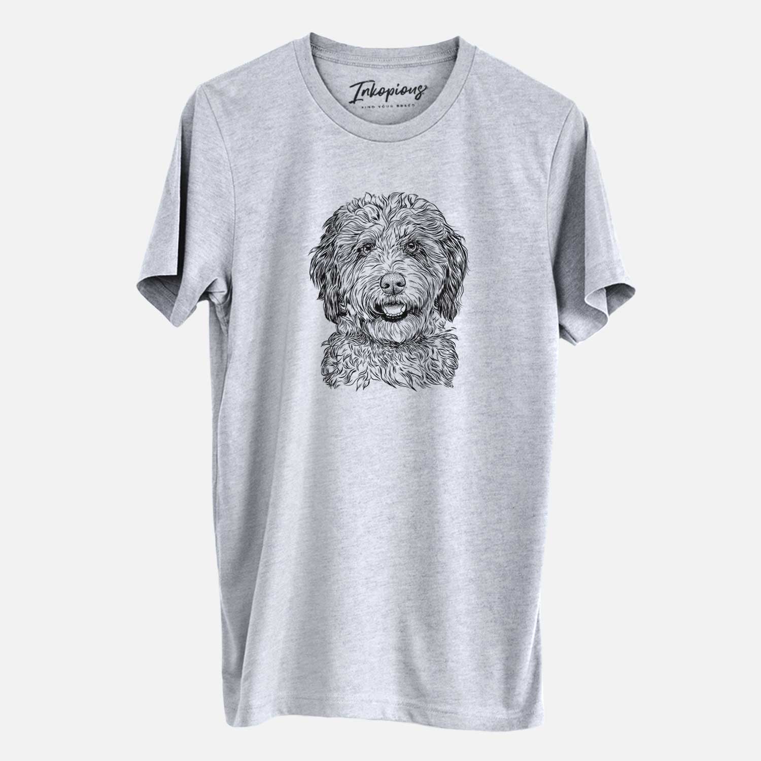 Hand-drawn sketch of Palmer the Aussiedoodle on a Grey Unisex crewneck