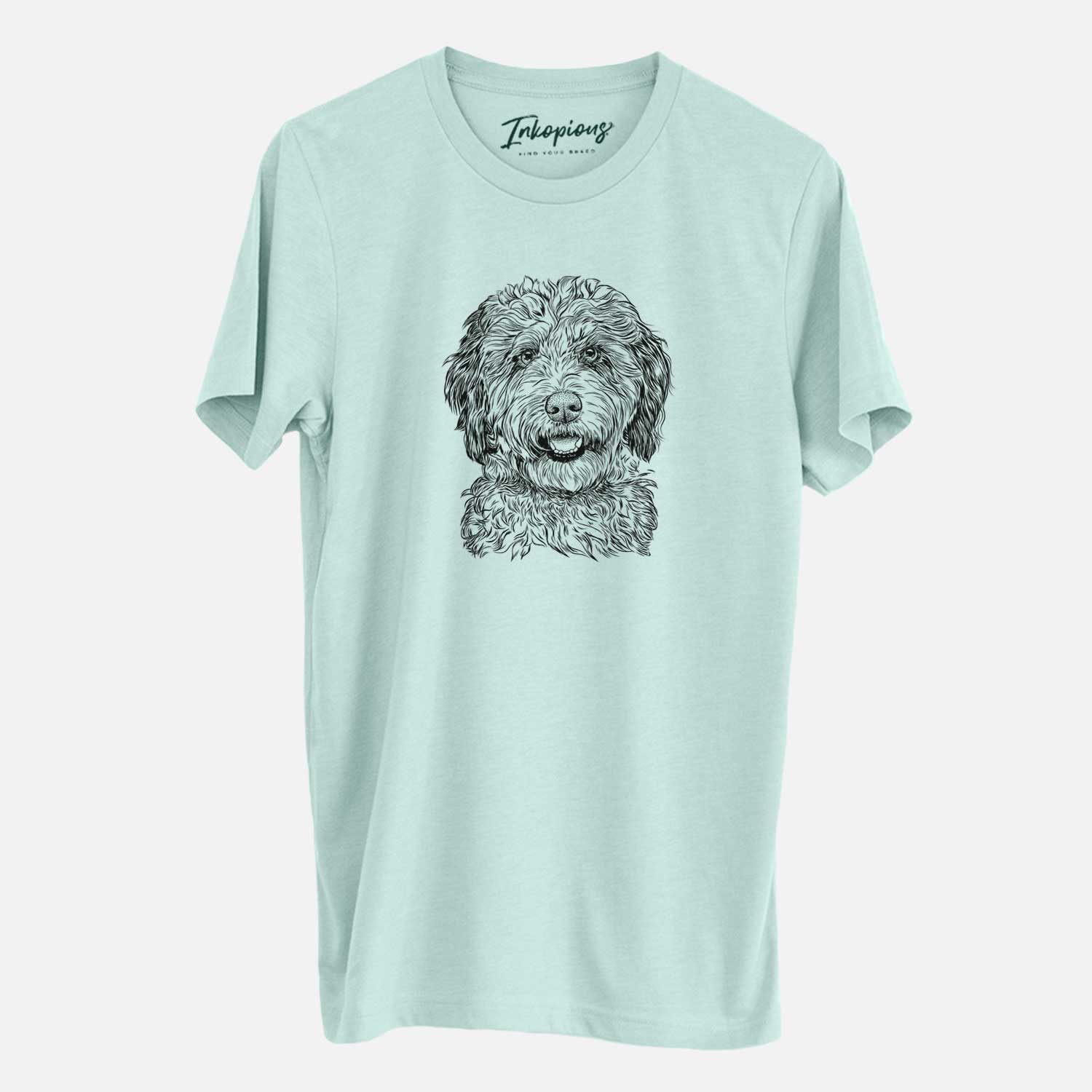 Hand-drawn sketch of Palmer the Aussiedoodle on a Heather Sage Unisex crewneck