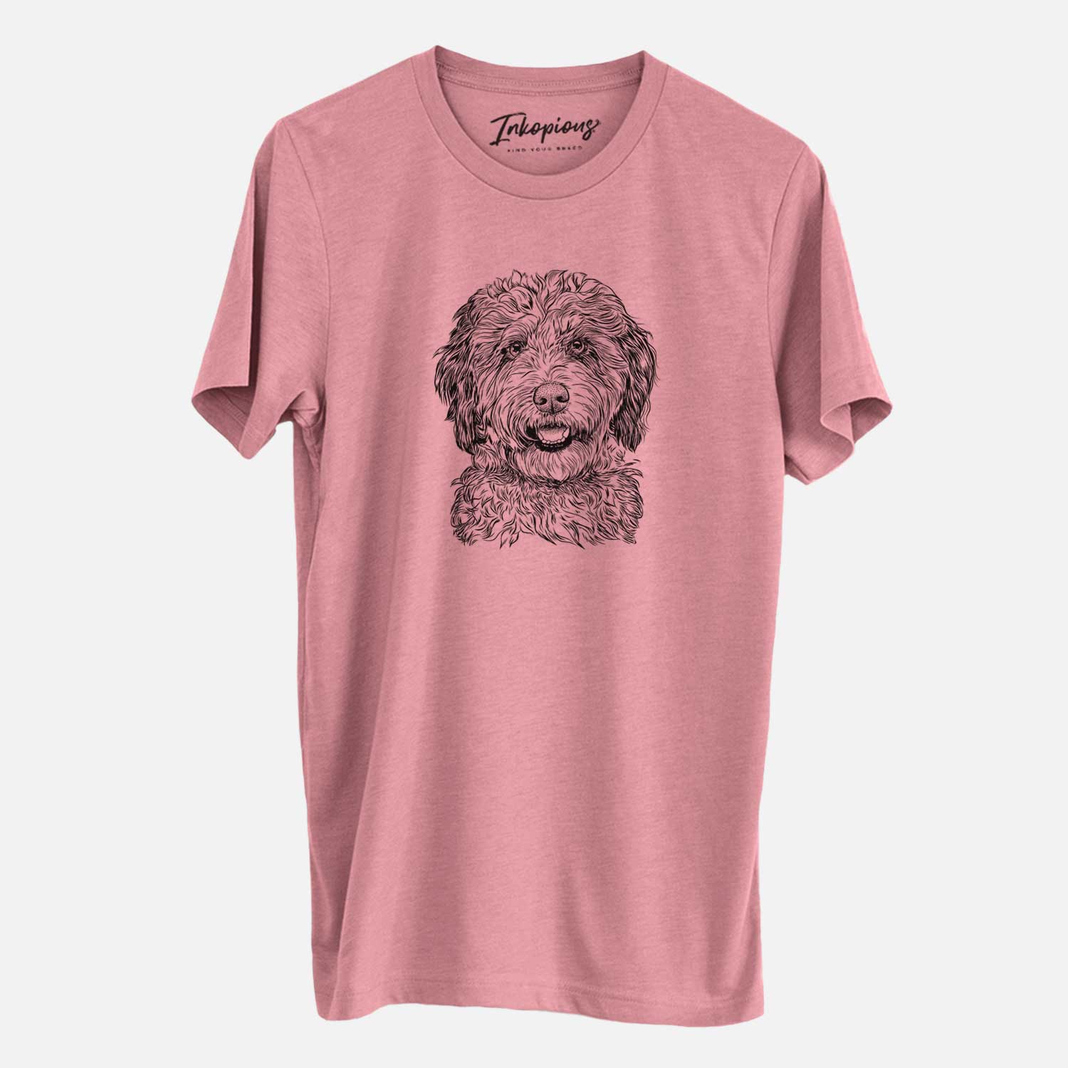 Hand-drawn sketch of Palmer the Aussiedoodle on a Mauve Unisex crewneck