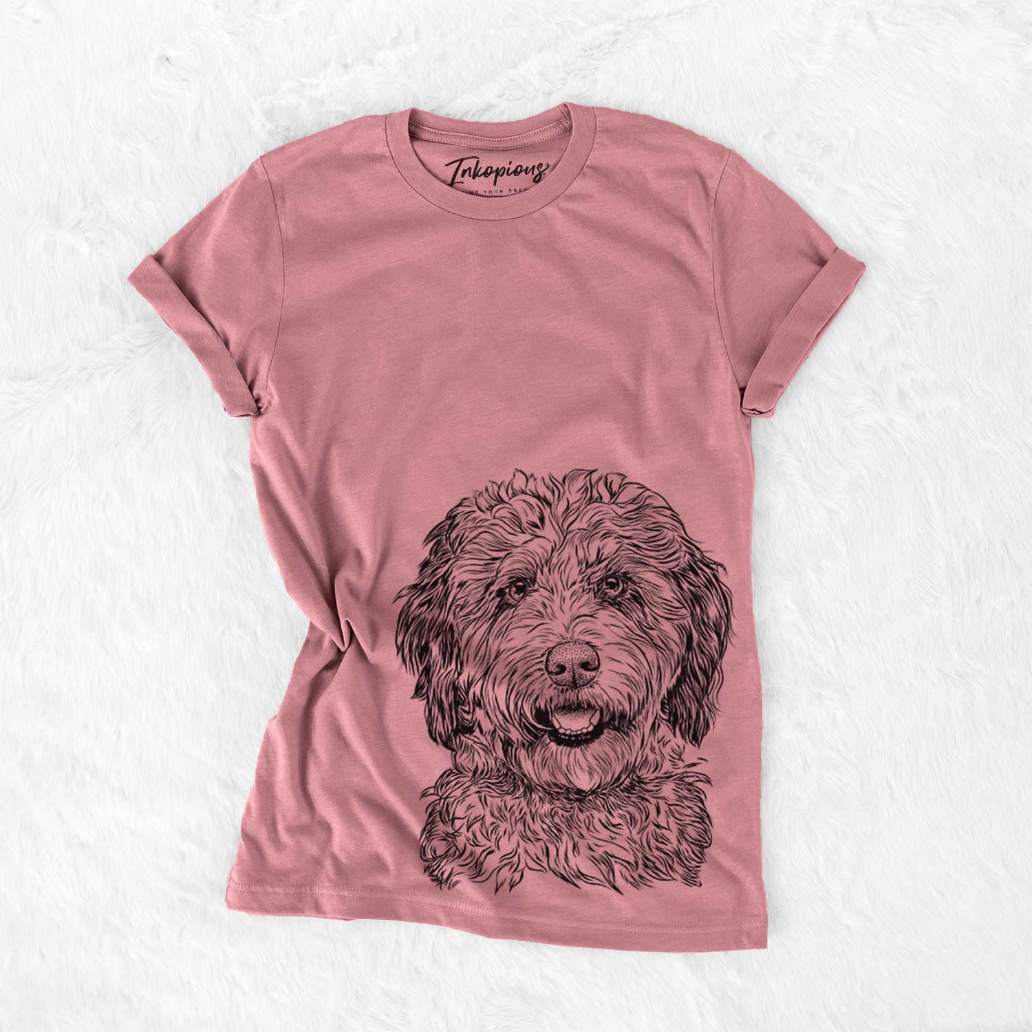 Hand-drawn sketch of Palmer the Aussiedoodle on a Mauve Bella Canvas Unisex Crewneck