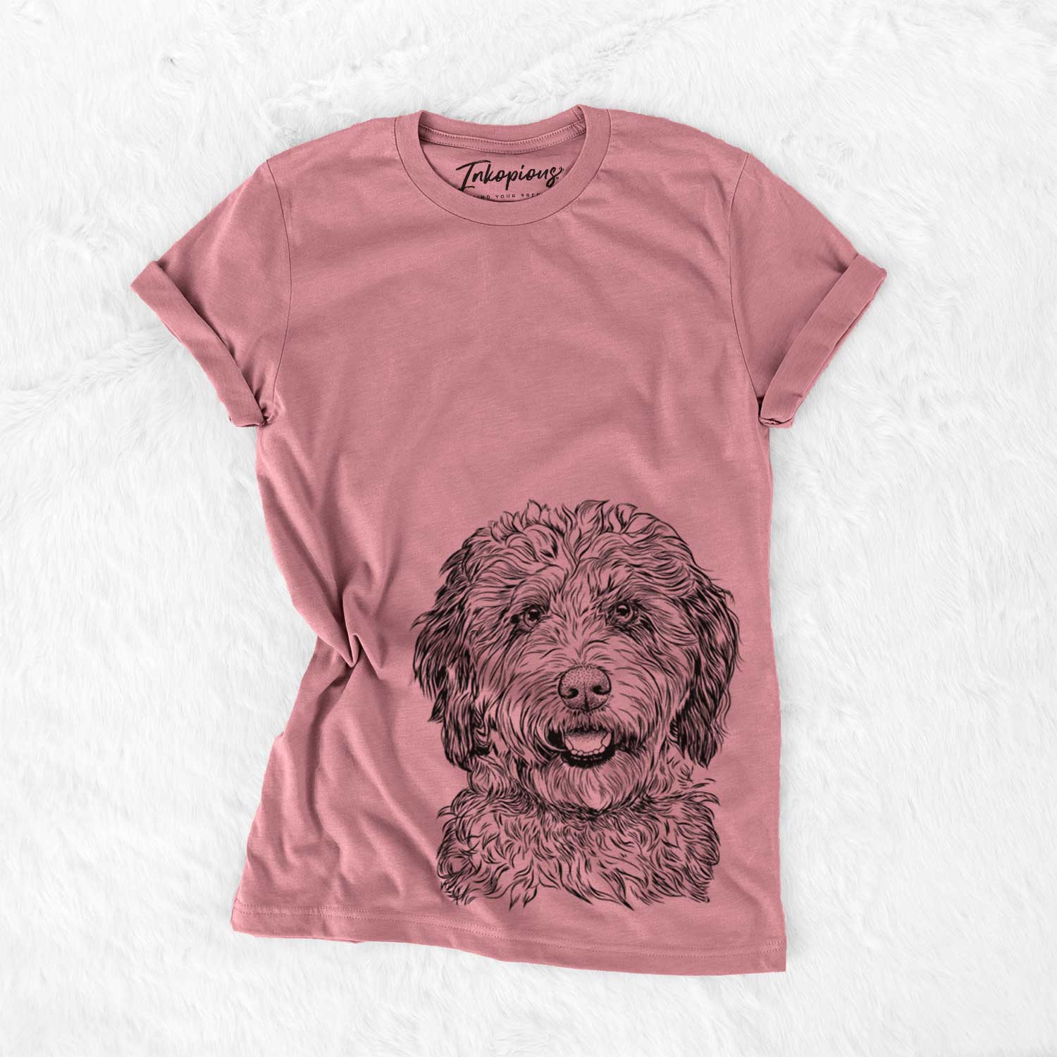 Hand-drawn sketch of Palmer the Aussiedoodle on a Mauve Unisex crewneck