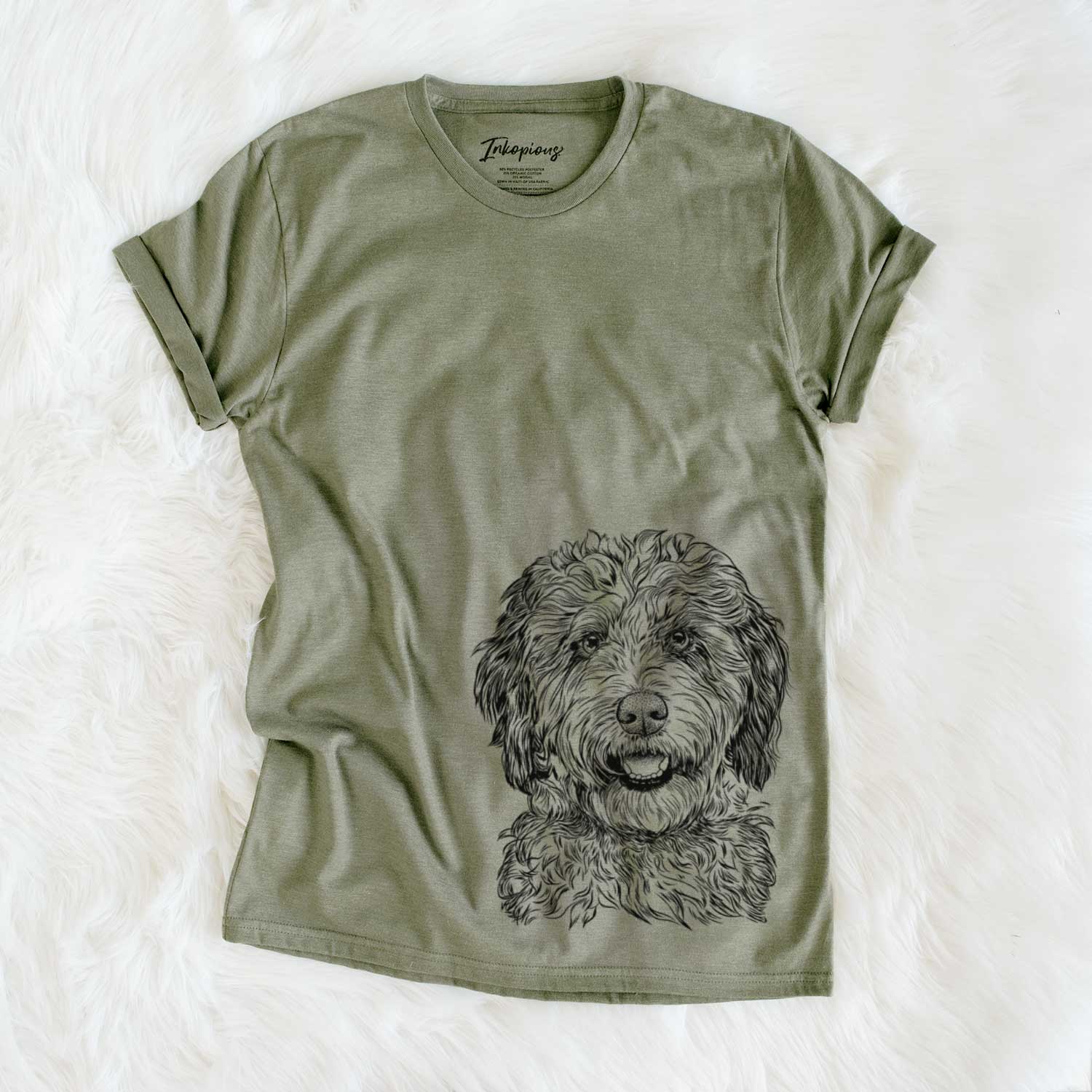 Hand-drawn sketch of Palmer the Aussiedoodle on an Olive Unisex crewneck
