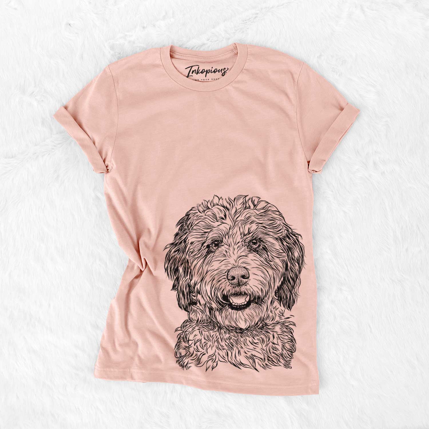 Hand-drawn sketch of Palmer the Aussiedoodle on a Peach Bella Canvas Unisex Crewneck