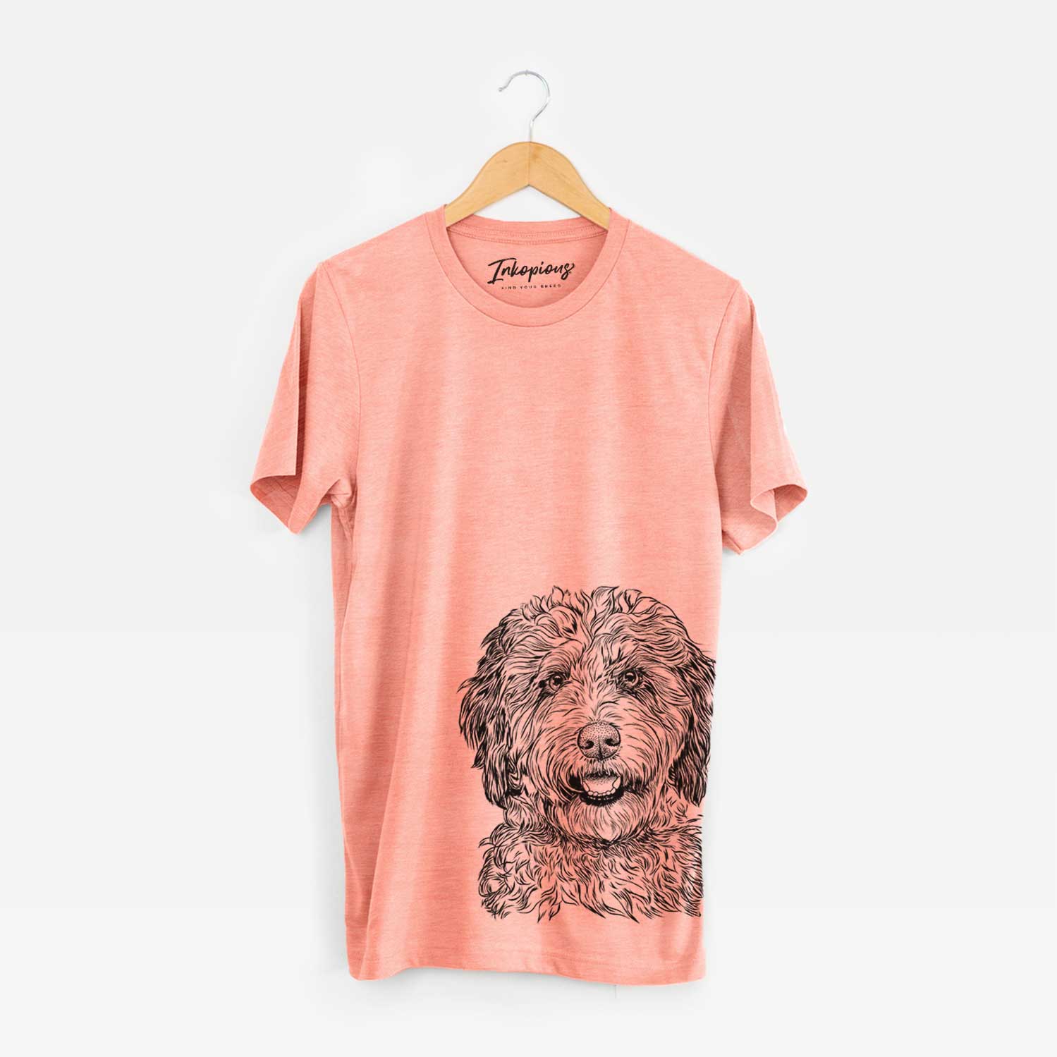 Hand-drawn sketch of Palmer the Aussiedoodle on a Sunset Bella Canvas Unisex Crewneck